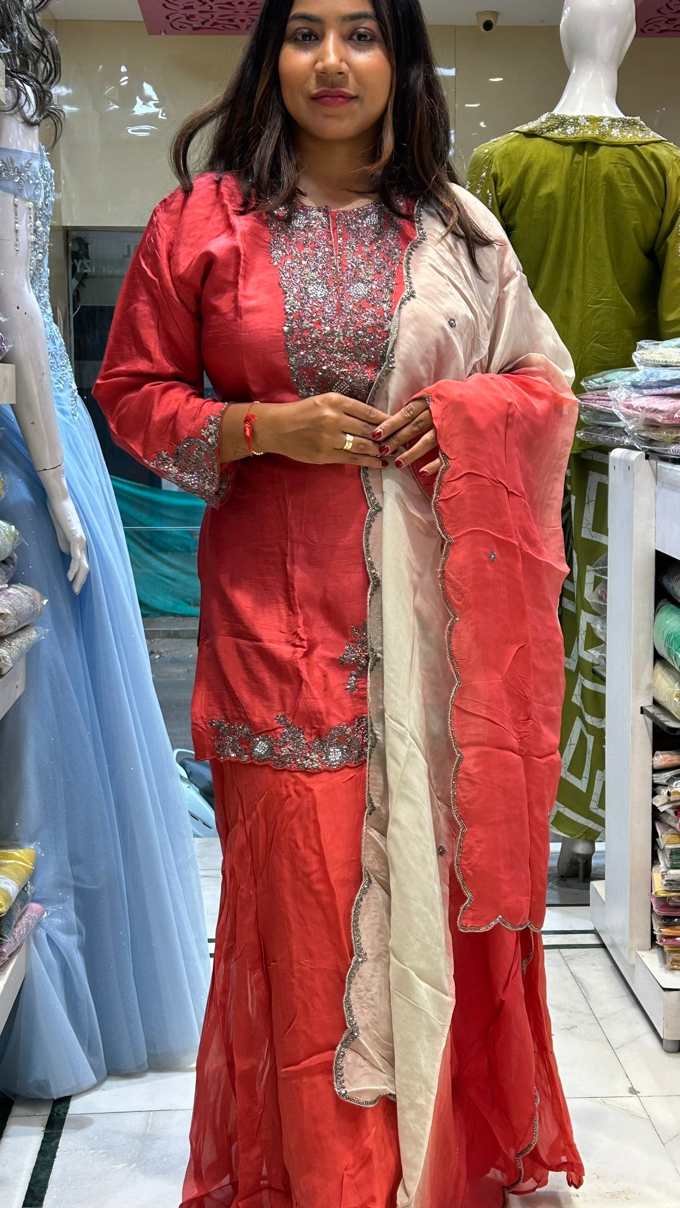 pure crepe metallic work dark peach sharara suit