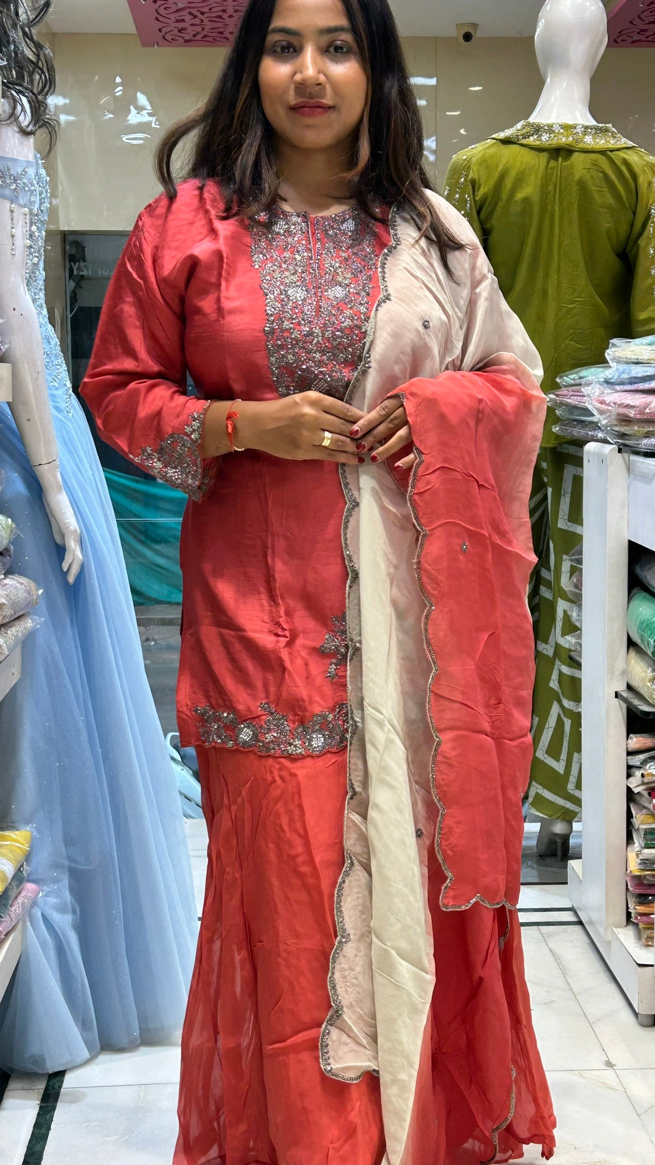 pure crepe metallic work dark peach sharara suit