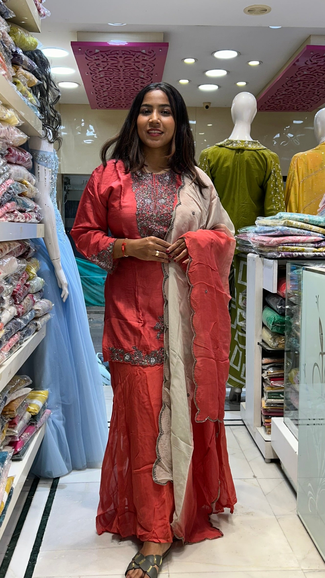 pure crepe metallic work dark peach sharara suit