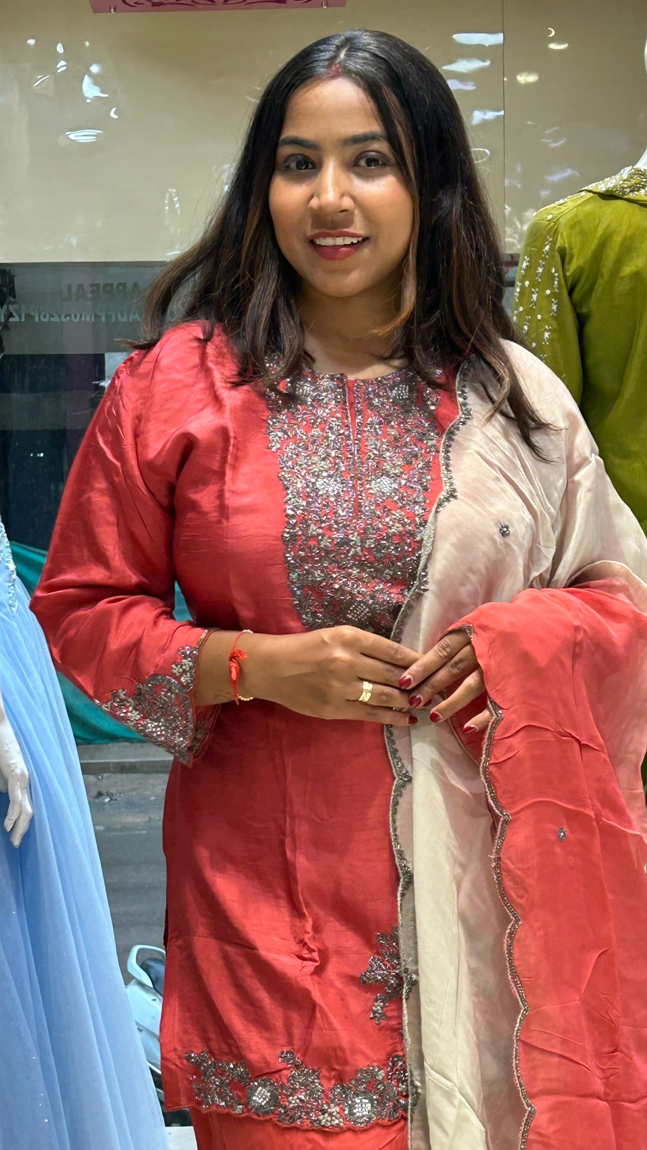 pure crepe metallic work dark peach sharara suit