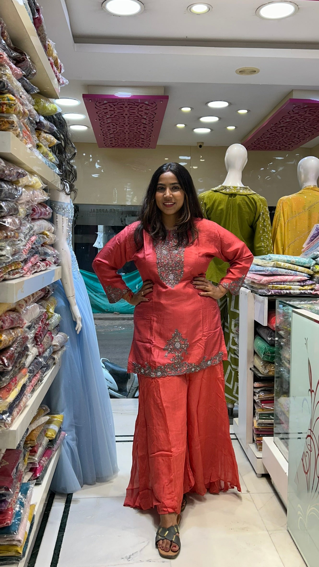 pure crepe metallic work dark peach sharara suit