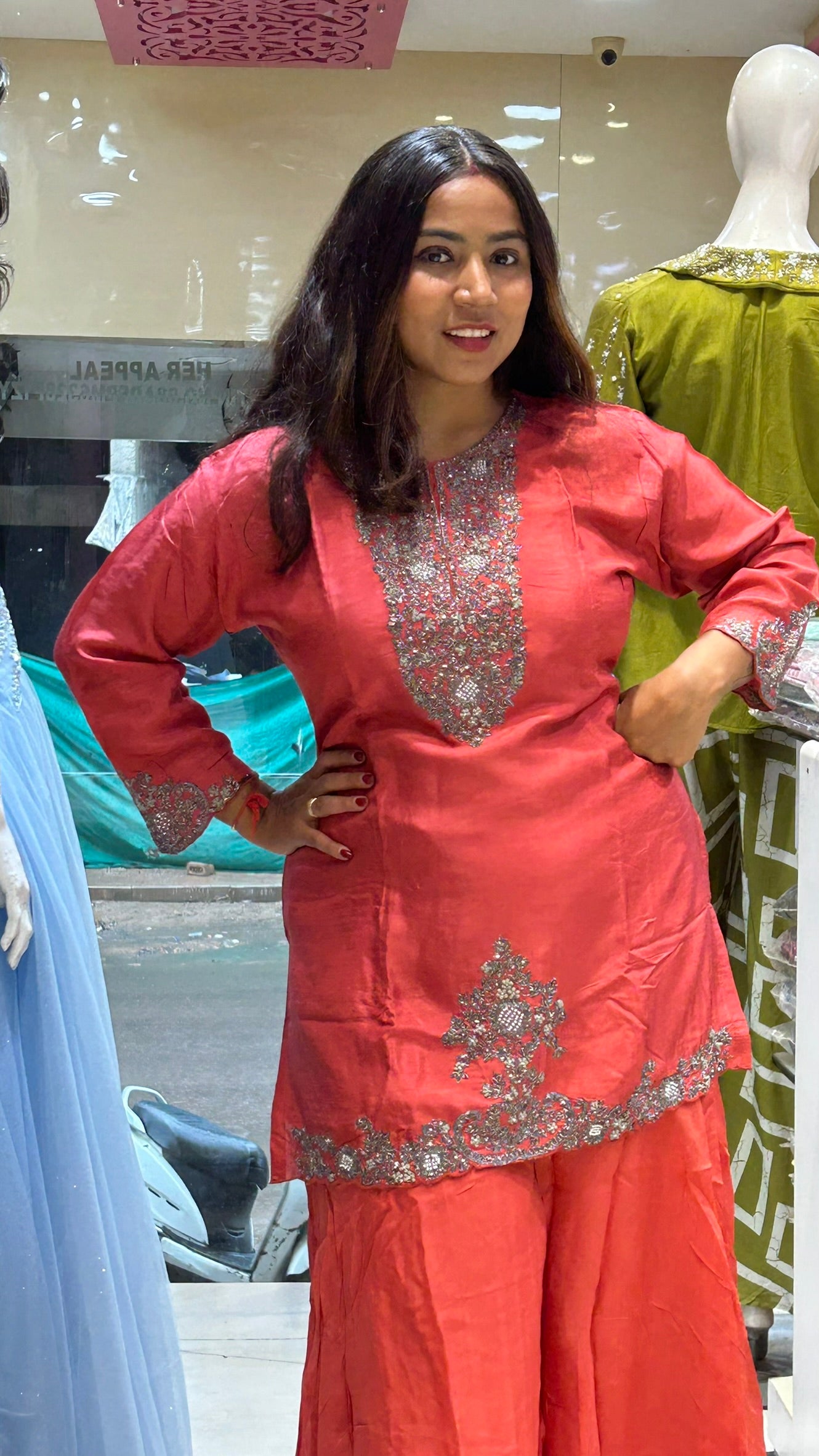 pure crepe metallic work dark peach sharara suit