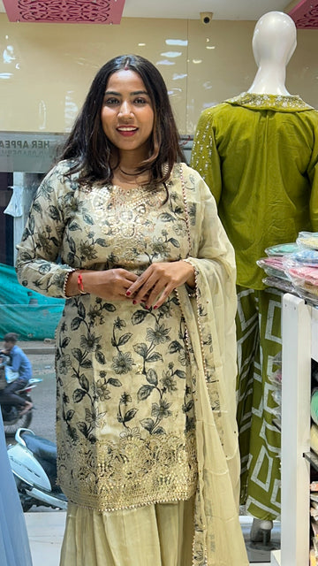 floral creme gotta patti designer eye catcher pure crepe sharara suit