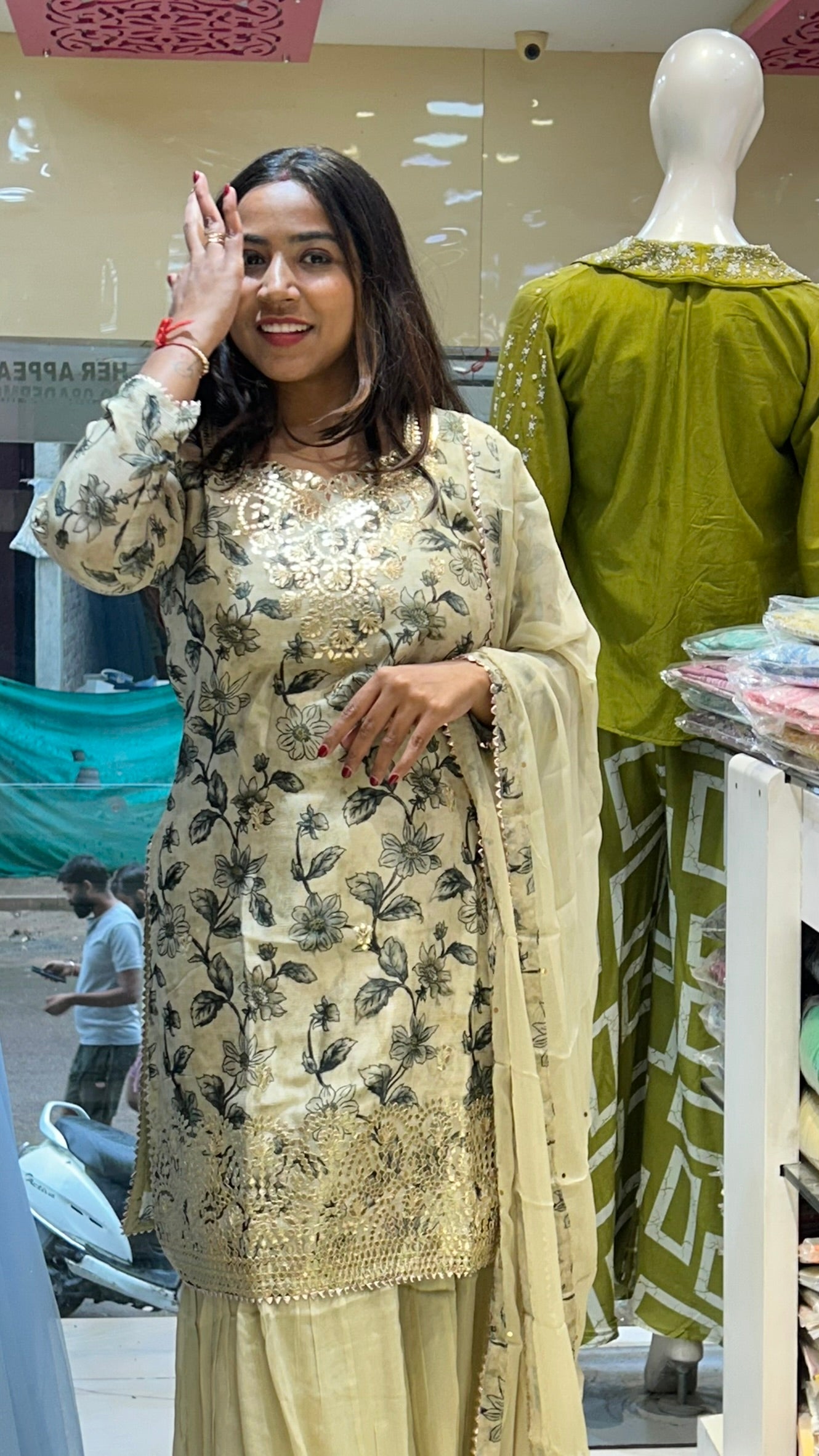 floral creme gotta patti designer eye catcher pure crepe sharara suit