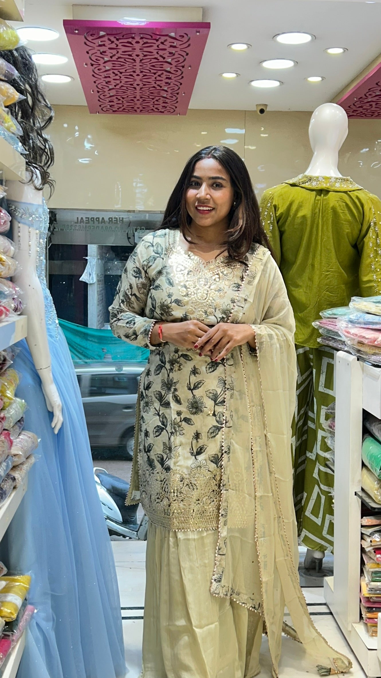 floral creme gotta patti designer eye catcher pure crepe sharara suit