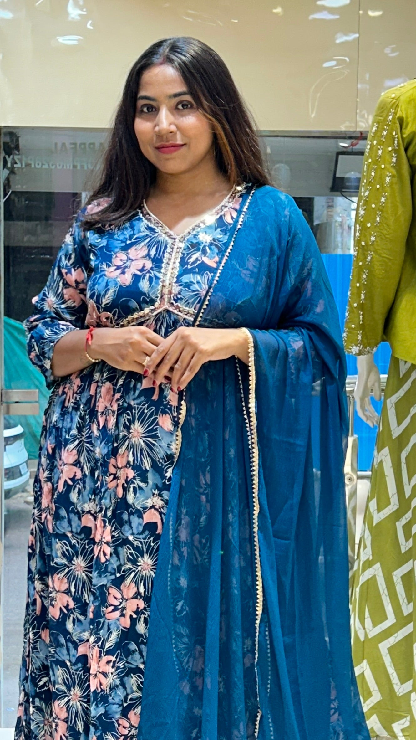 chinon blue floral print alia cut stylish salwar suit