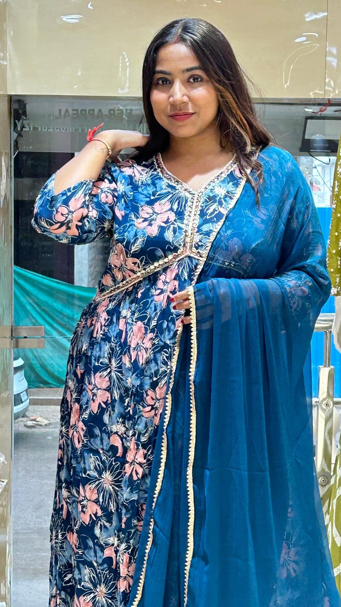 chinon blue floral print alia cut stylish salwar suit