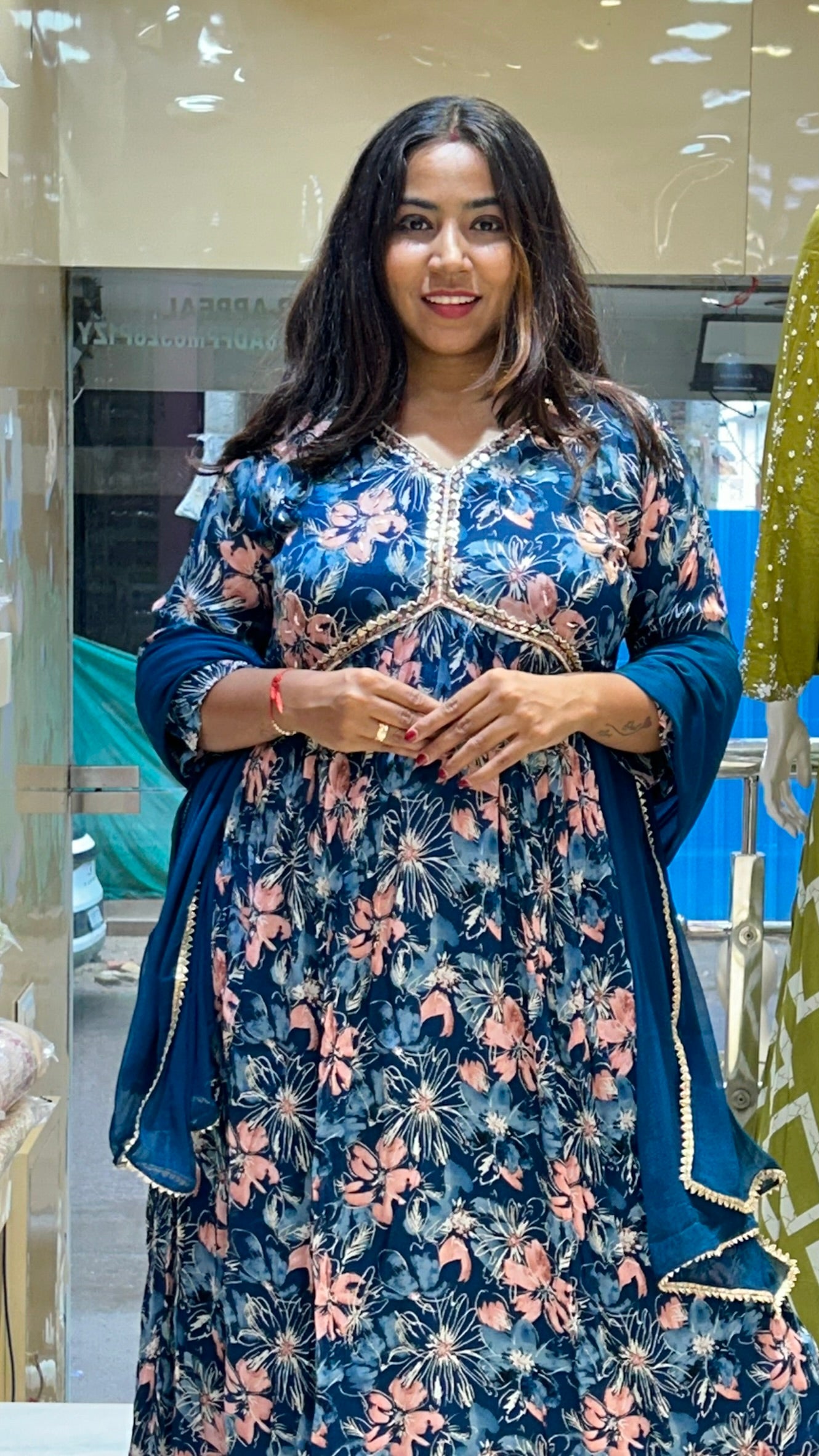 chinon blue floral print alia cut stylish salwar suit