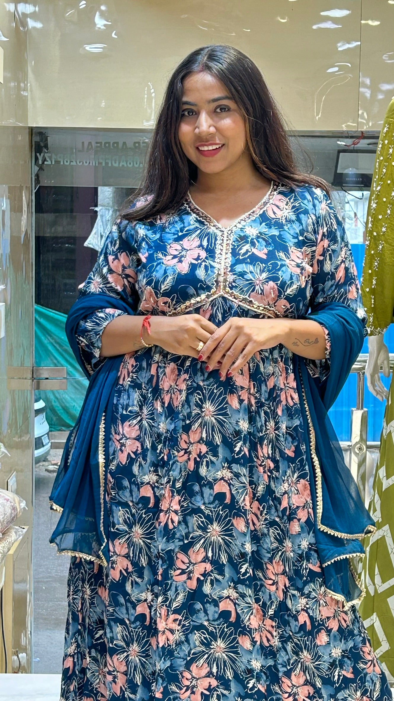 chinon blue floral print alia cut stylish salwar suit