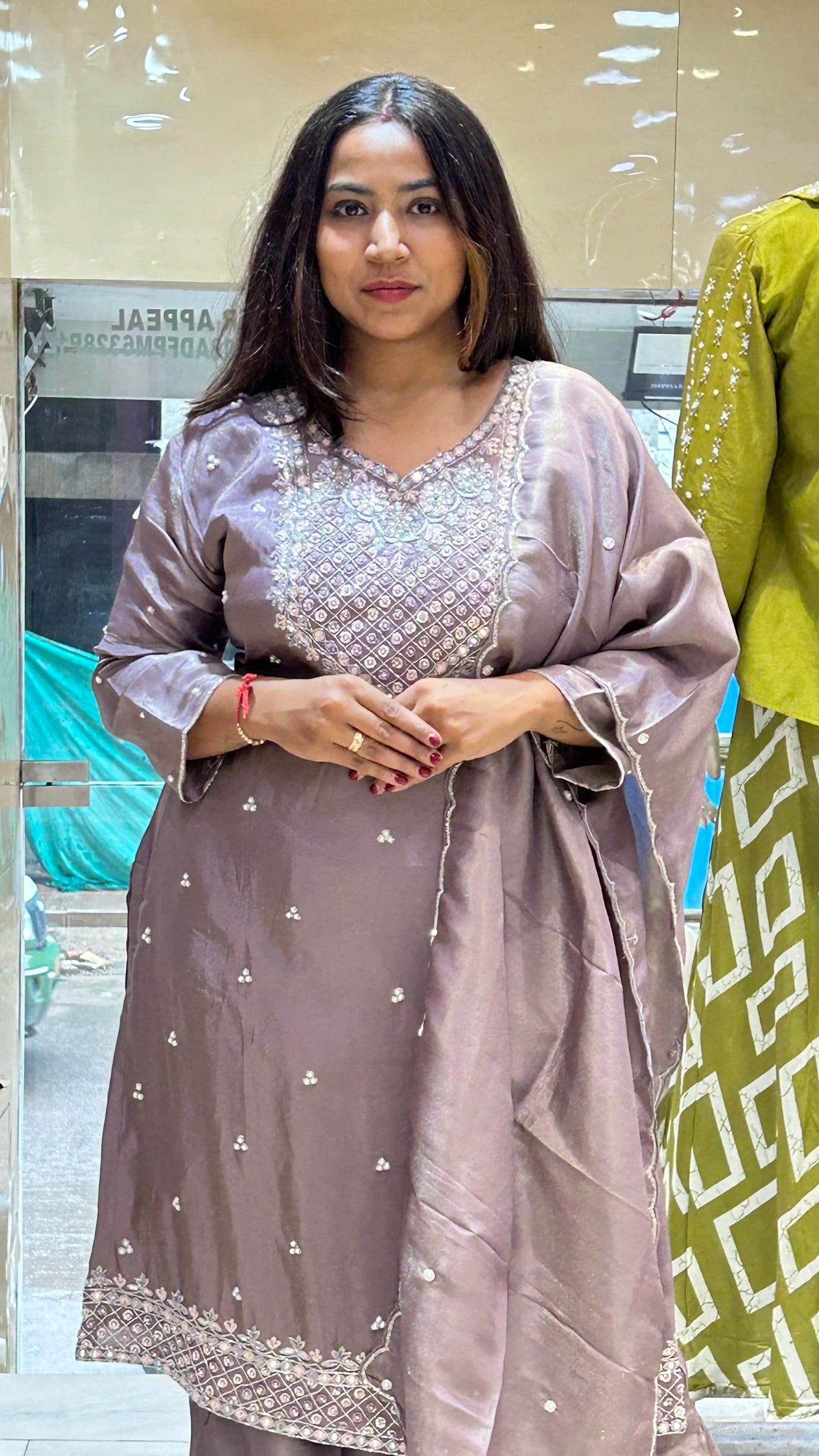 shimmer organza plazzo suit neckline emblished beautifully