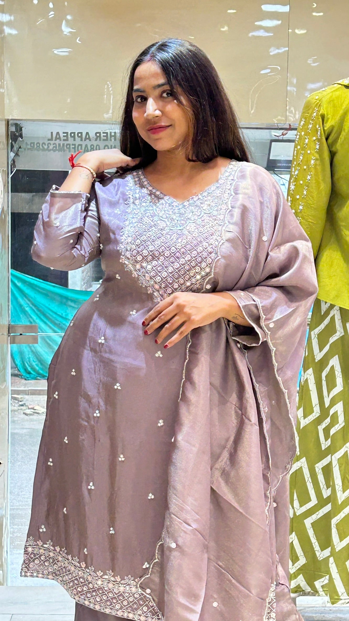 shimmer organza plazzo suit neckline emblished beautifully