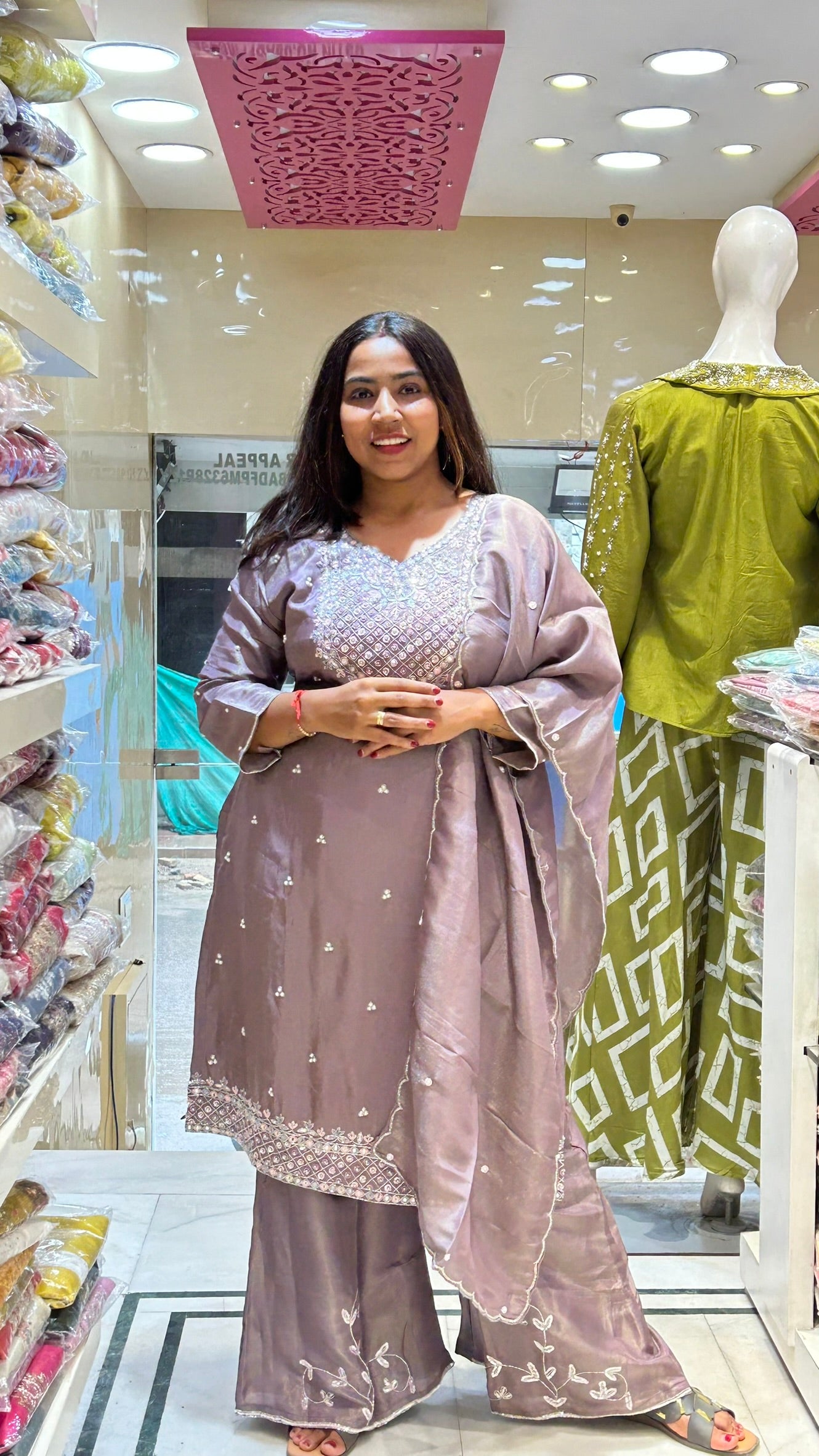 shimmer organza plazzo suit neckline emblished beautifully