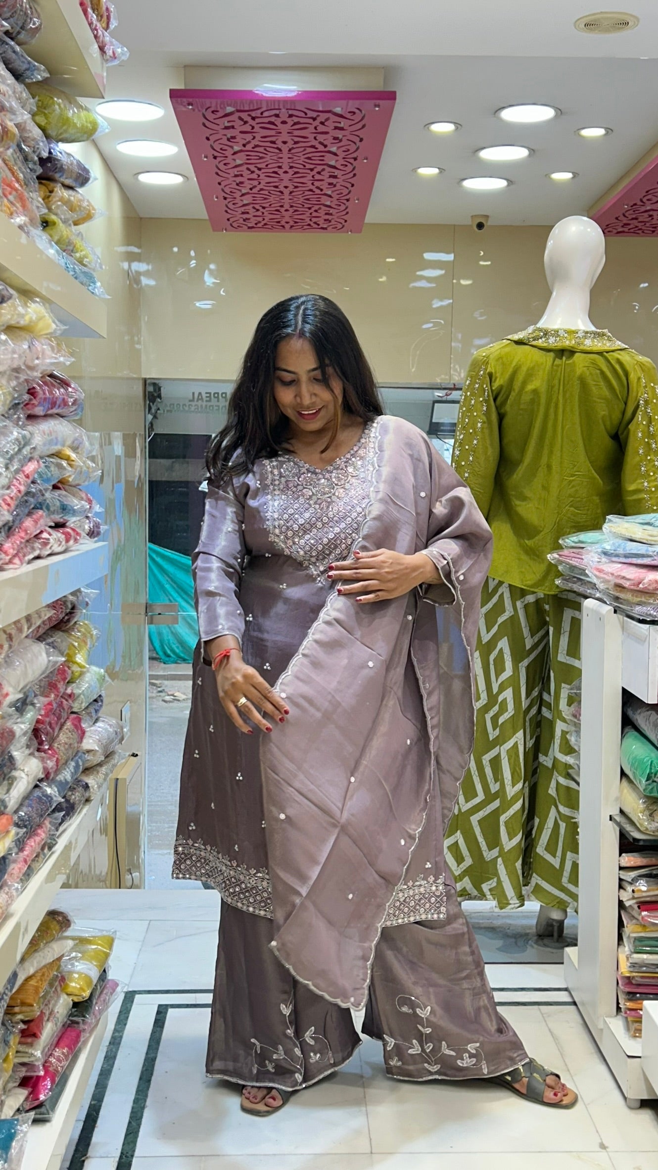 shimmer organza plazzo suit neckline emblished beautifully