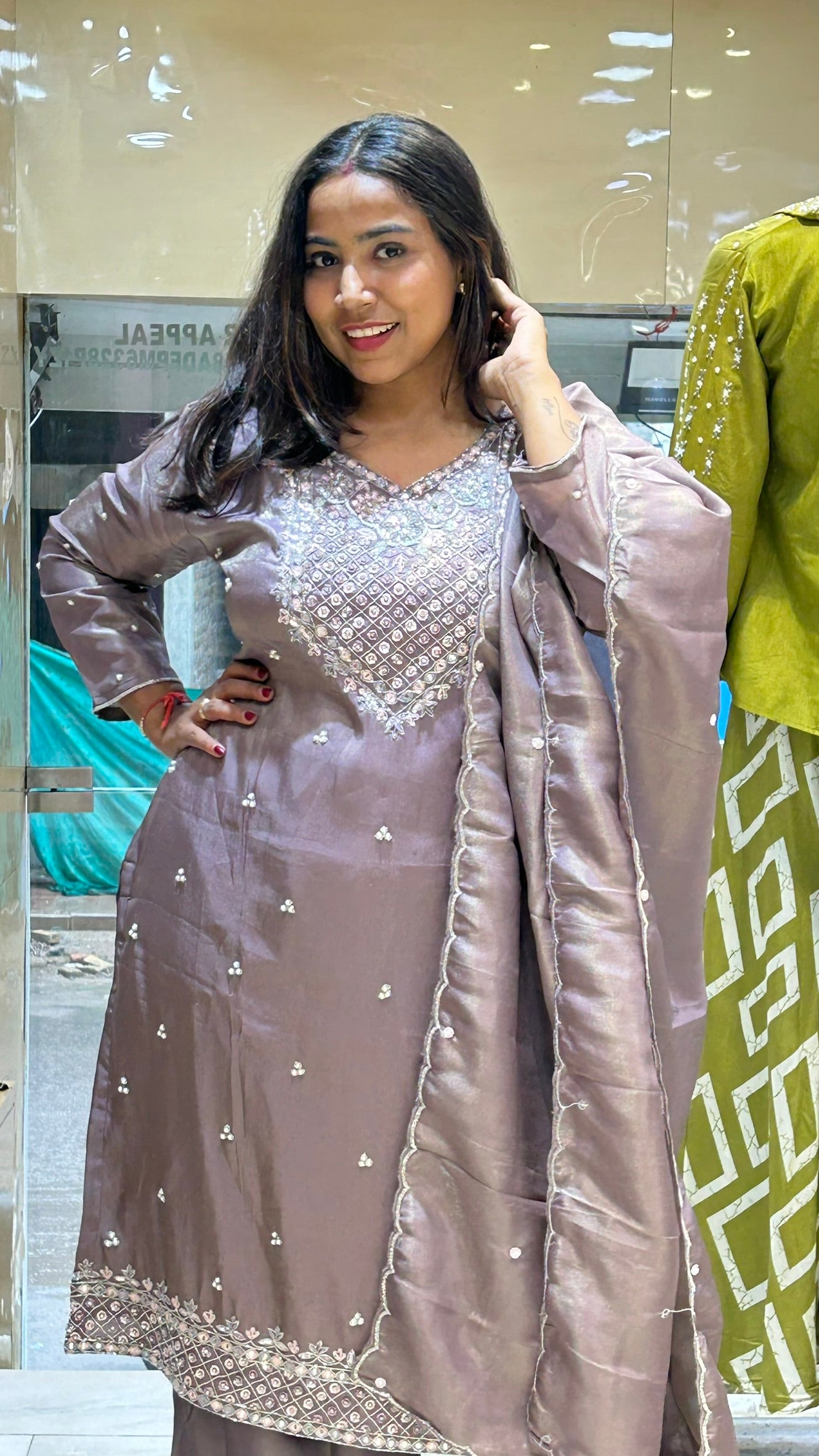 shimmer organza plazzo suit neckline emblished beautifully