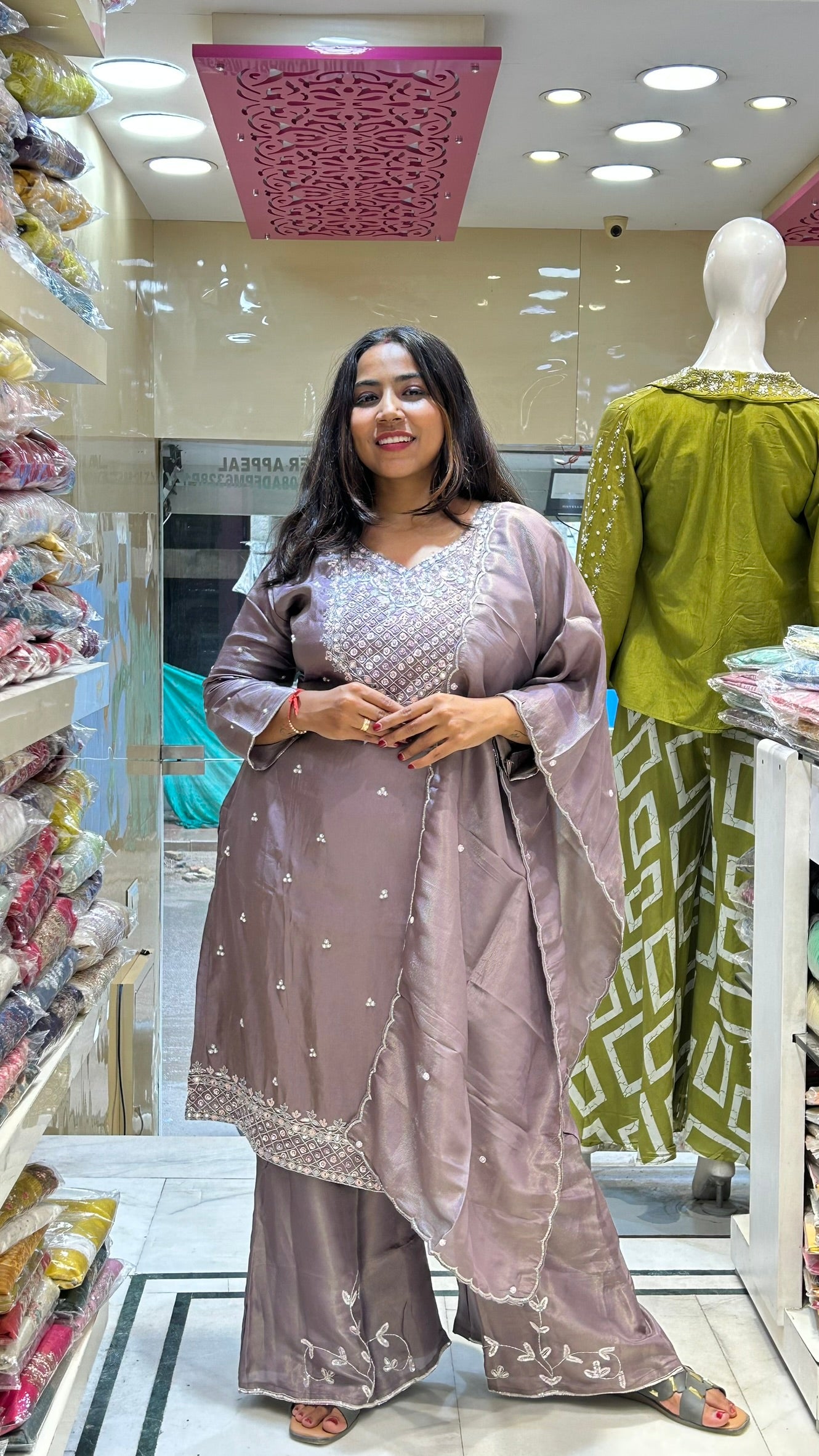 shimmer organza plazzo suit neckline emblished beautifully