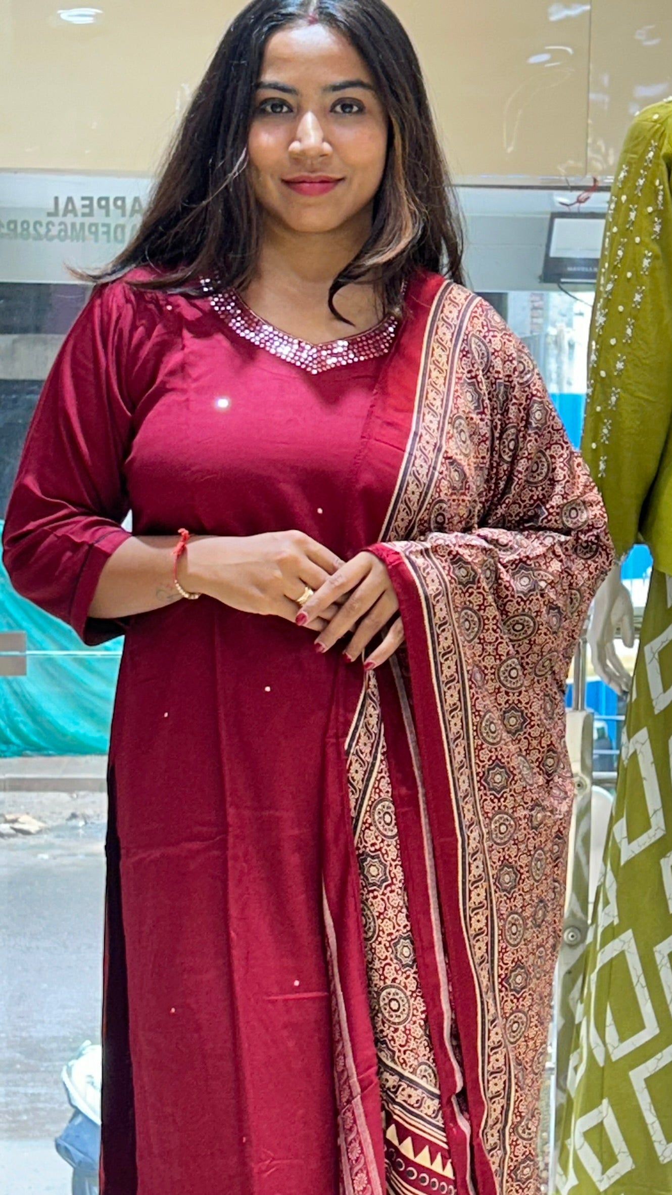 rust brown dola silk traditional printed dupatta kurta set