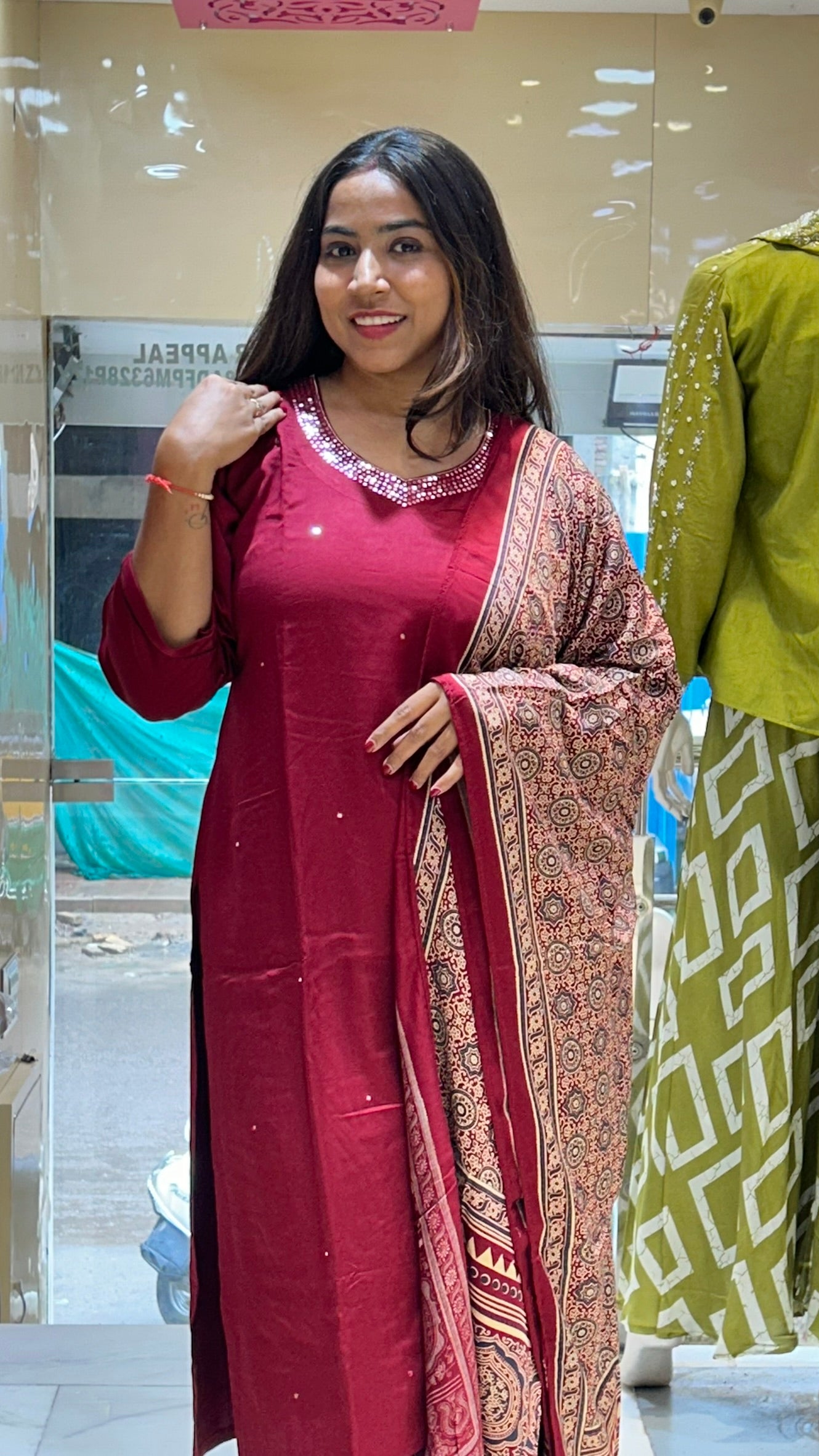 rust brown dola silk traditional printed dupatta kurta set