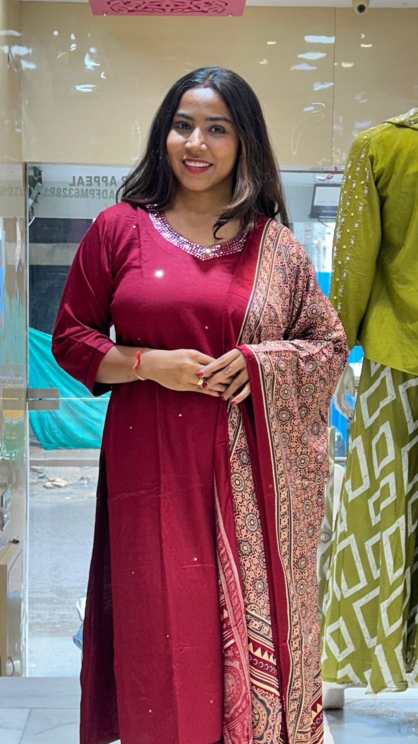 rust brown dola silk traditional printed dupatta kurta set