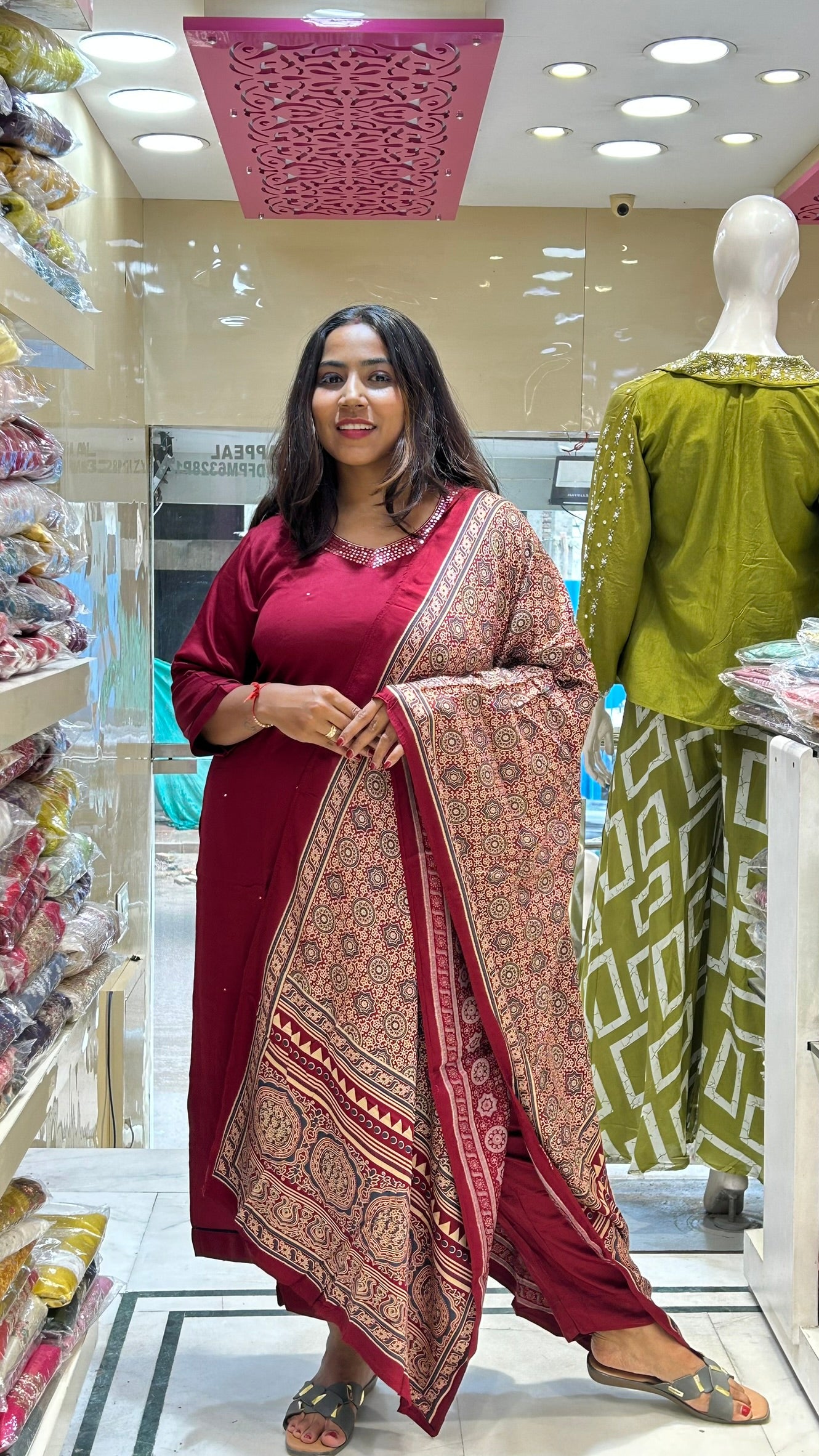 rust brown dola silk traditional printed dupatta kurta set