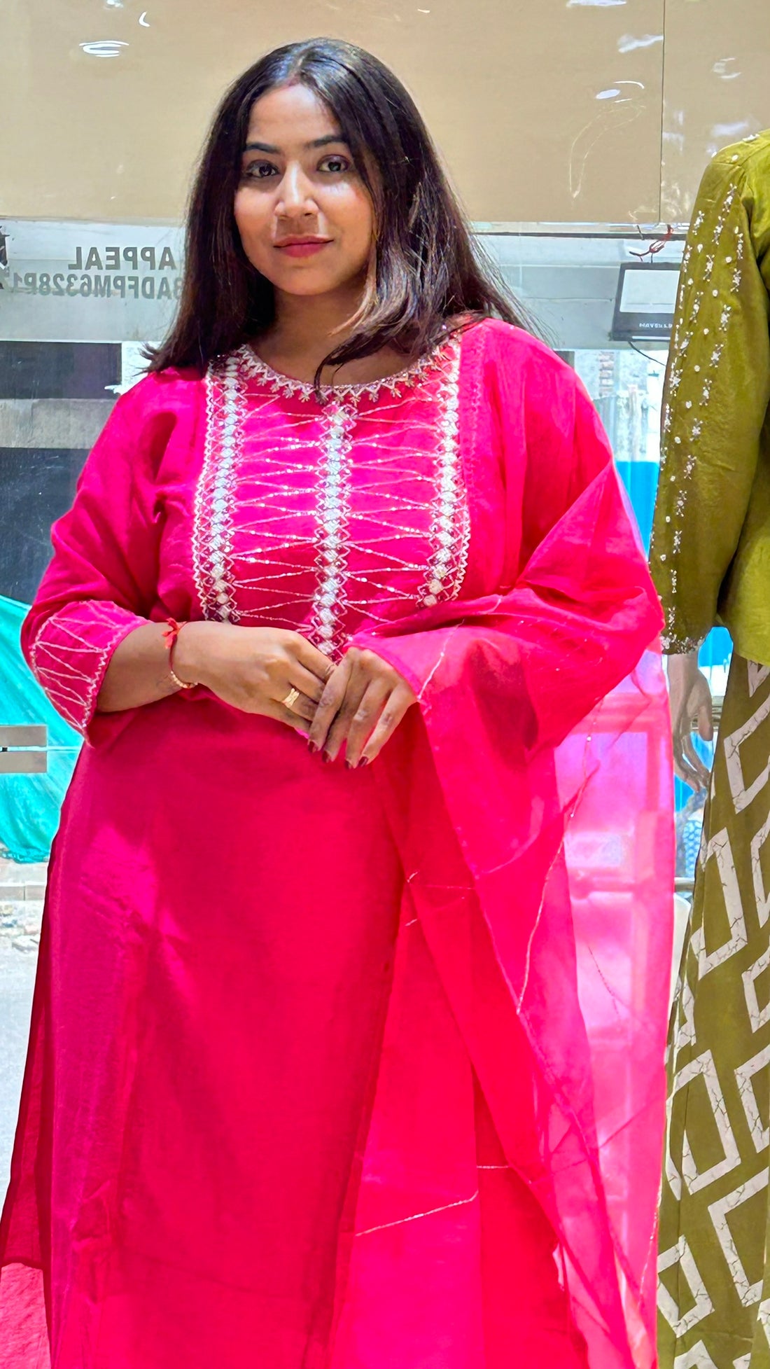 dark pink silk pearl moti emblished neckline with organza dupatta