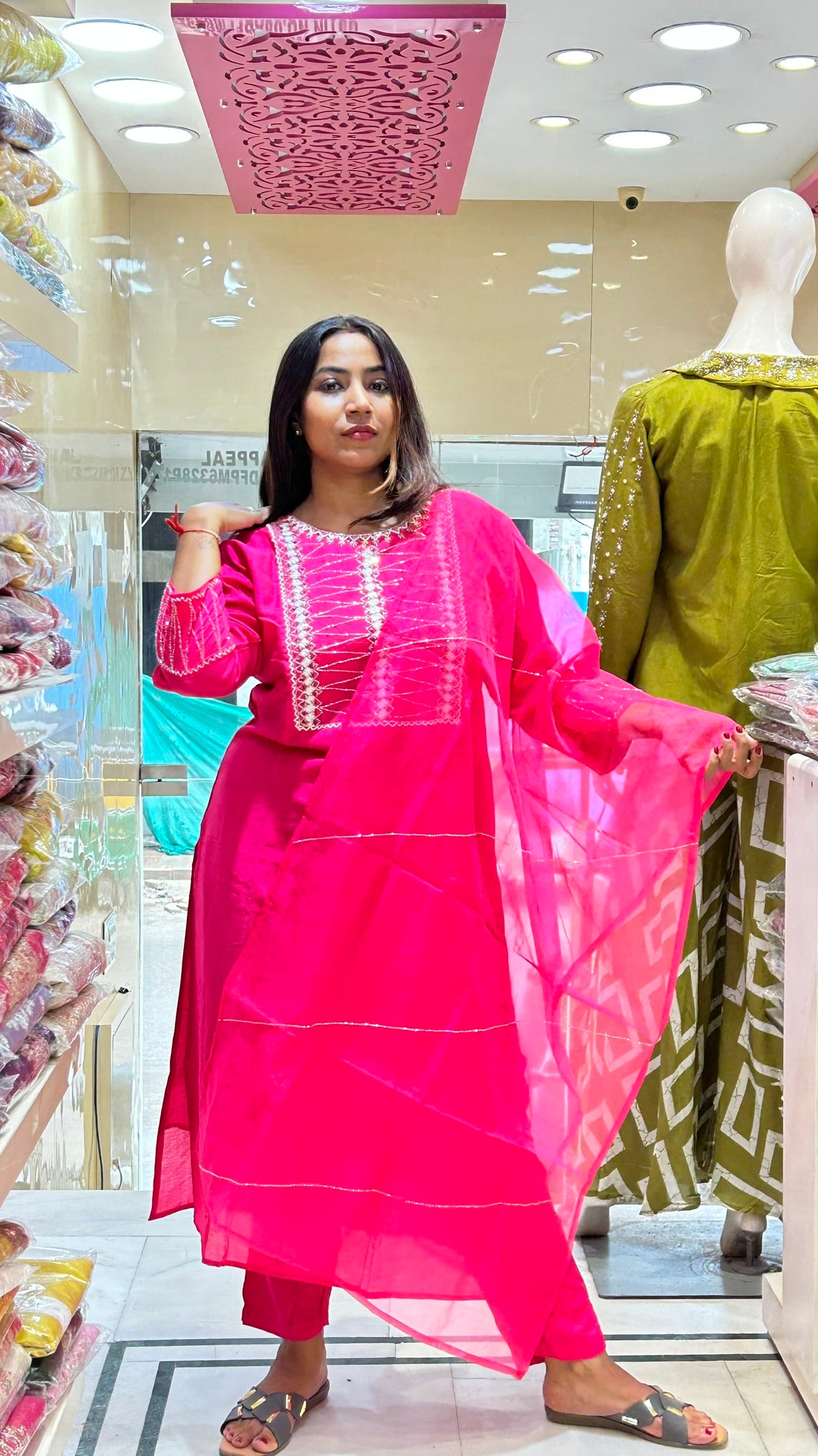 dark pink silk pearl moti emblished neckline with organza dupatta