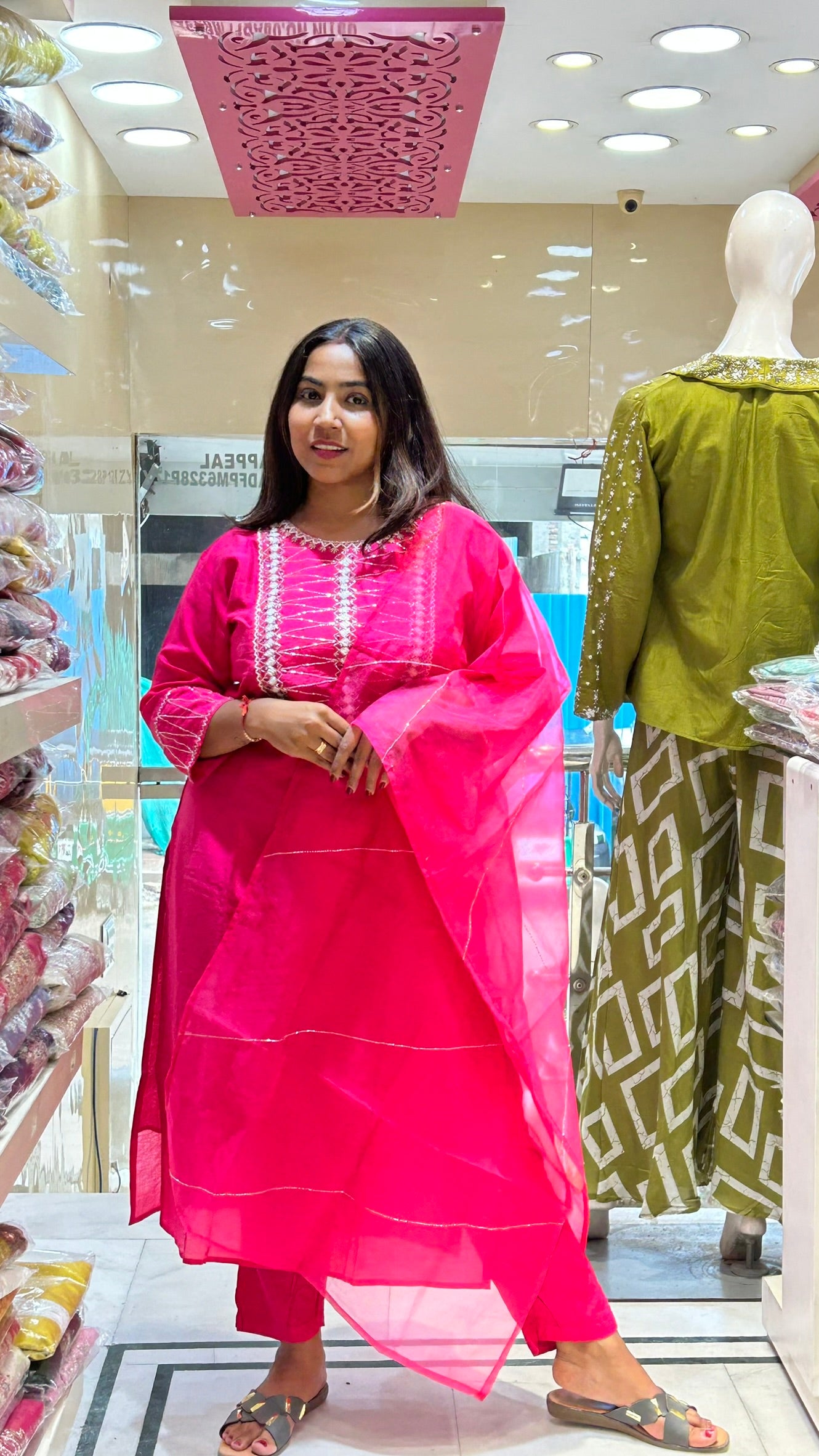 dark pink silk pearl moti emblished neckline with organza dupatta