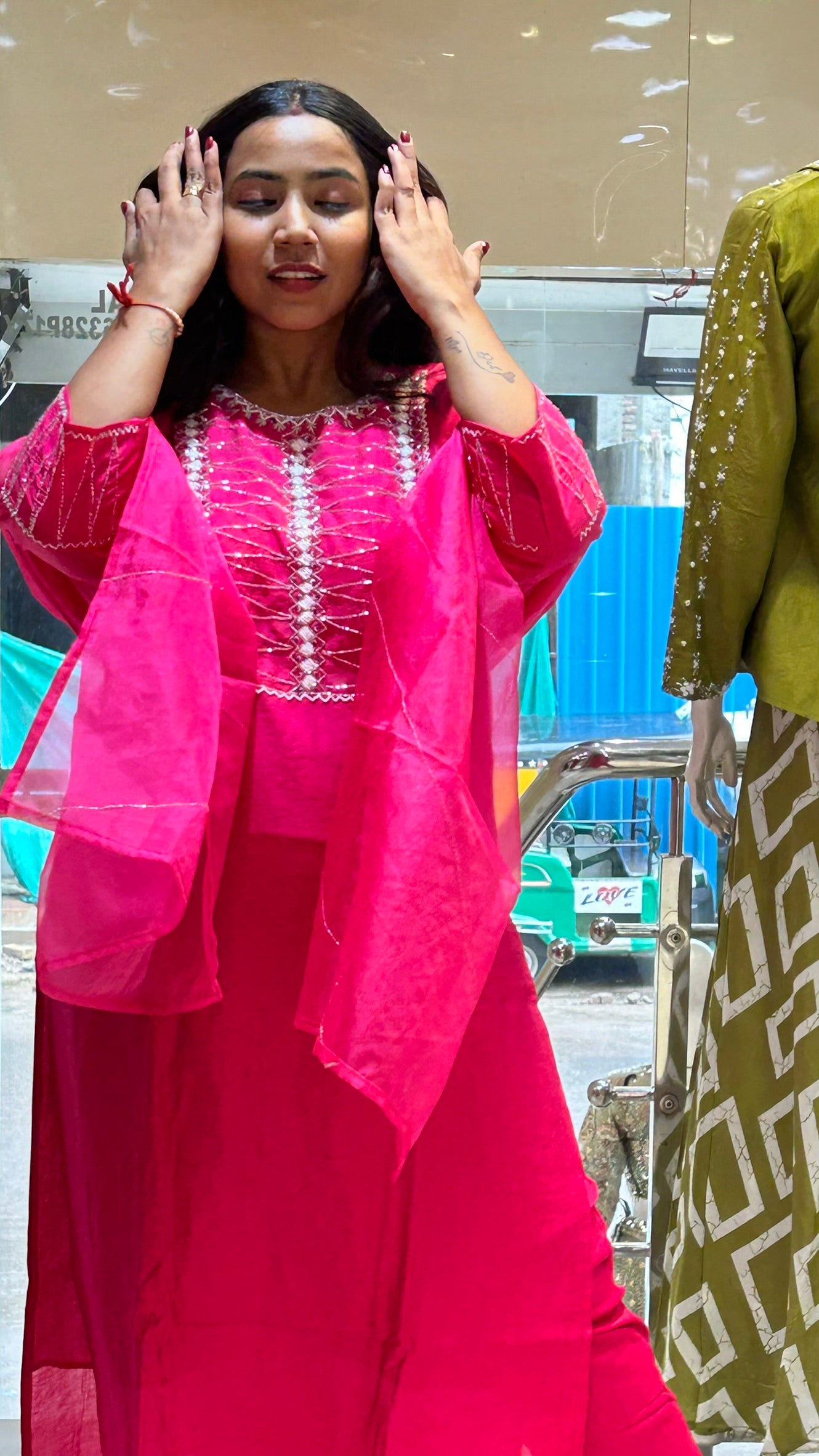 dark pink silk pearl moti emblished neckline with organza dupatta