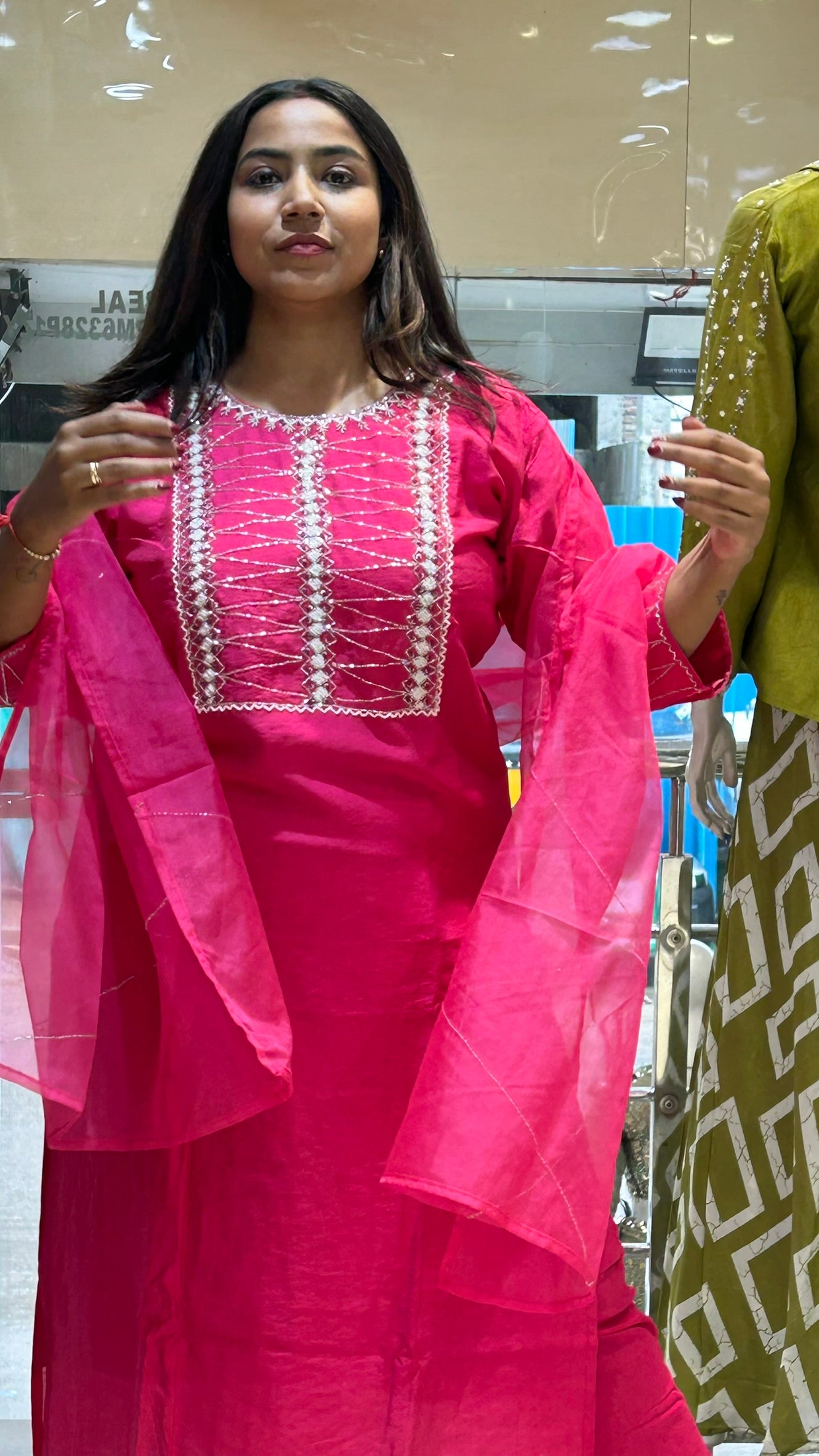 dark pink silk pearl moti emblished neckline with organza dupatta