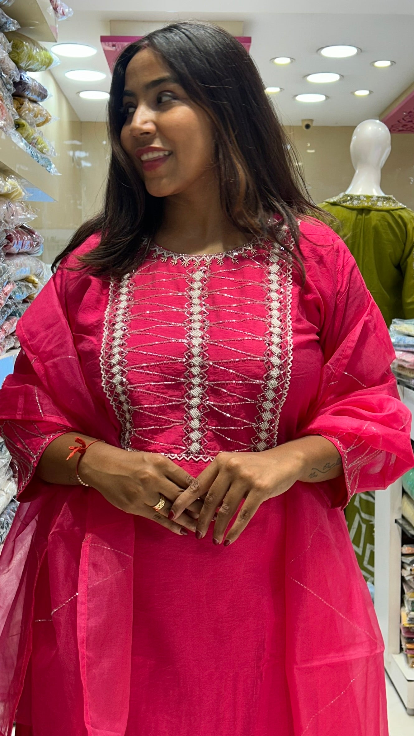 dark pink silk pearl moti emblished neckline with organza dupatta