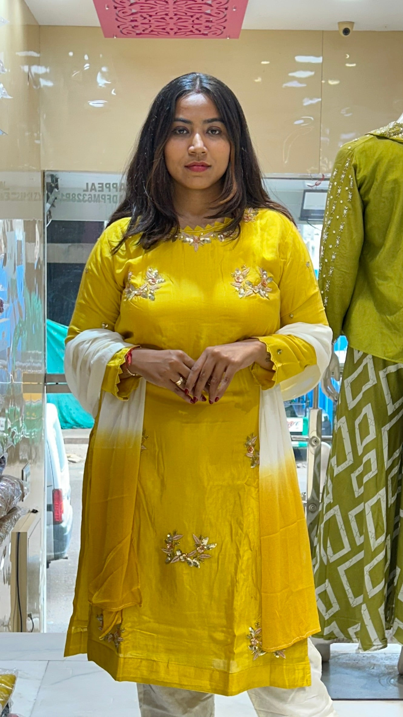 haldi party yello silk kurti pant with light motif stone work