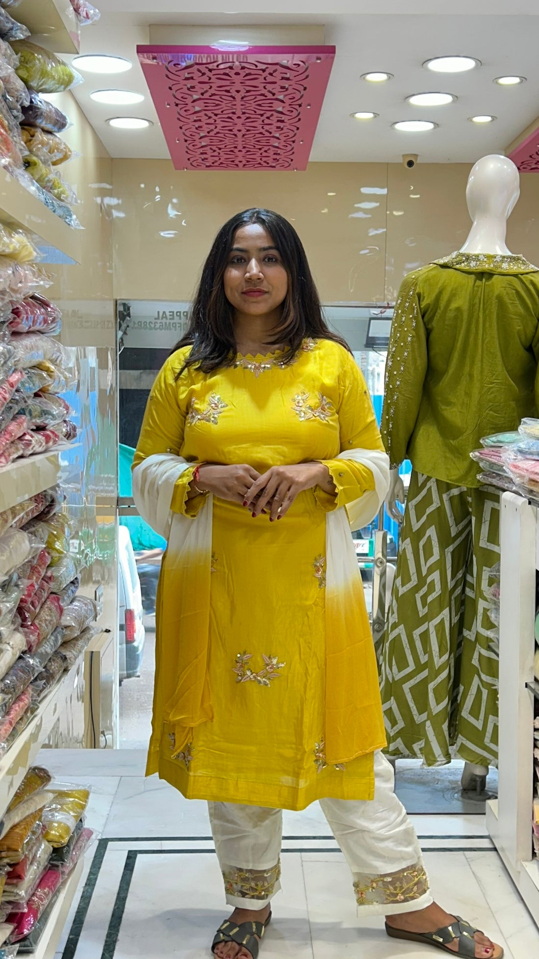 haldi party yello silk kurti pant with light motif stone work