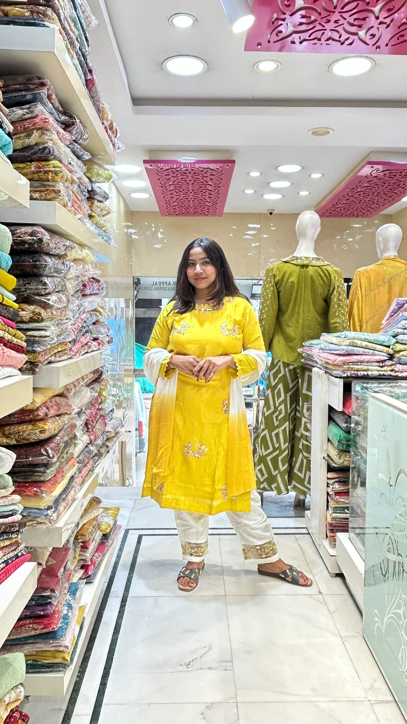 haldi party yello silk kurti pant with light motif stone work