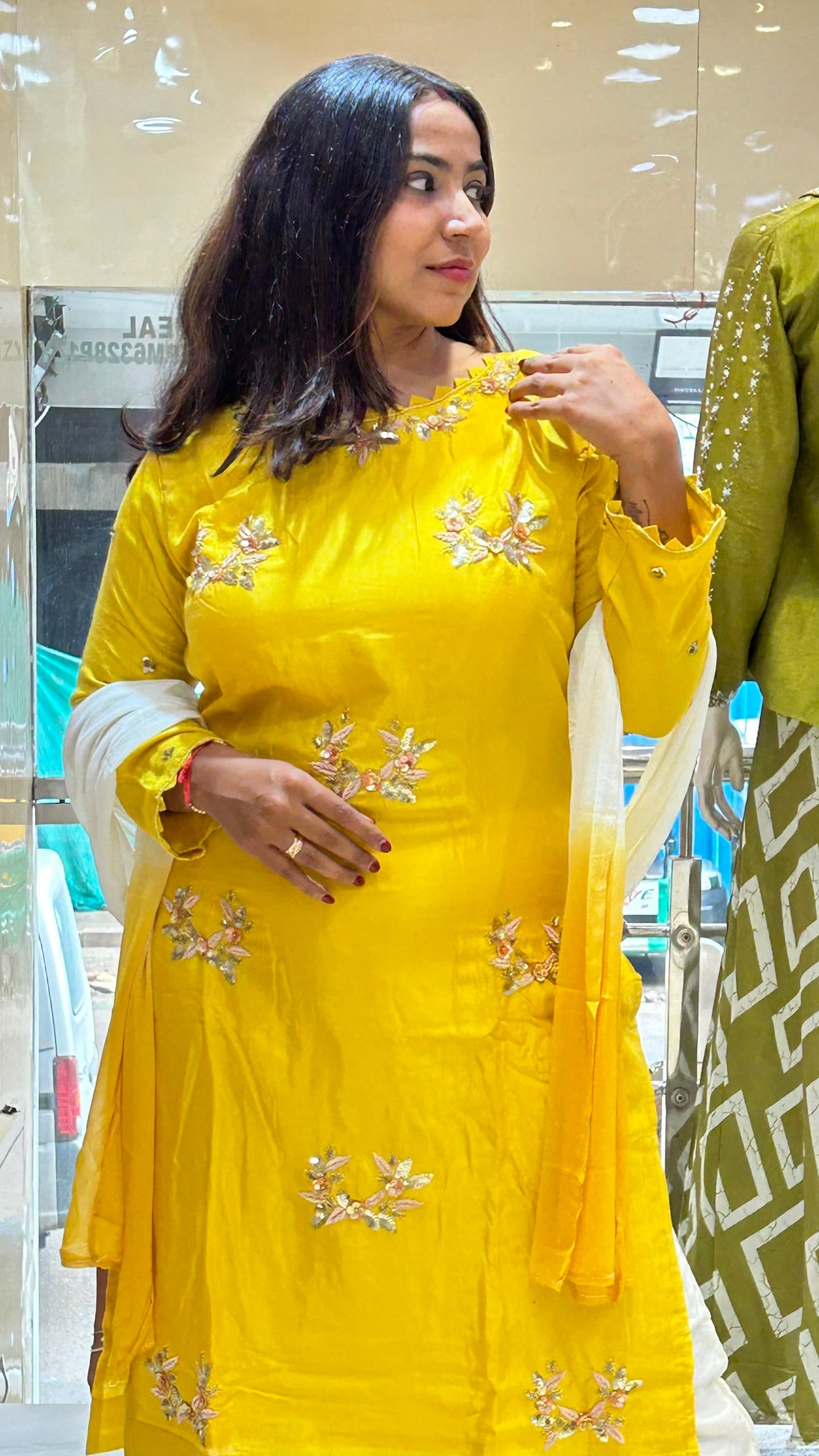 haldi party yello silk kurti pant with light motif stone work