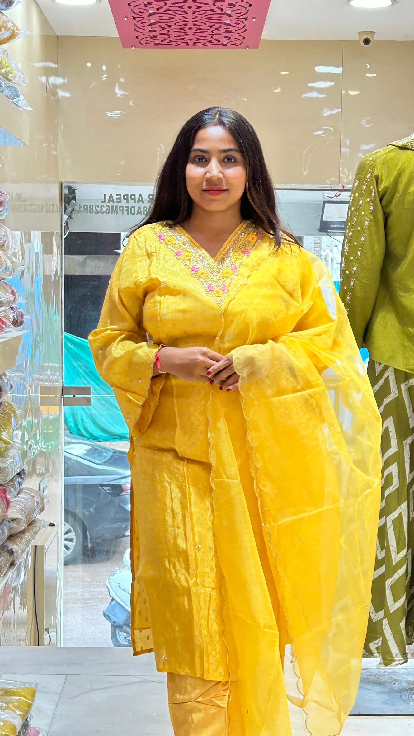 v neck yellow kurti pant set with organza dupatta