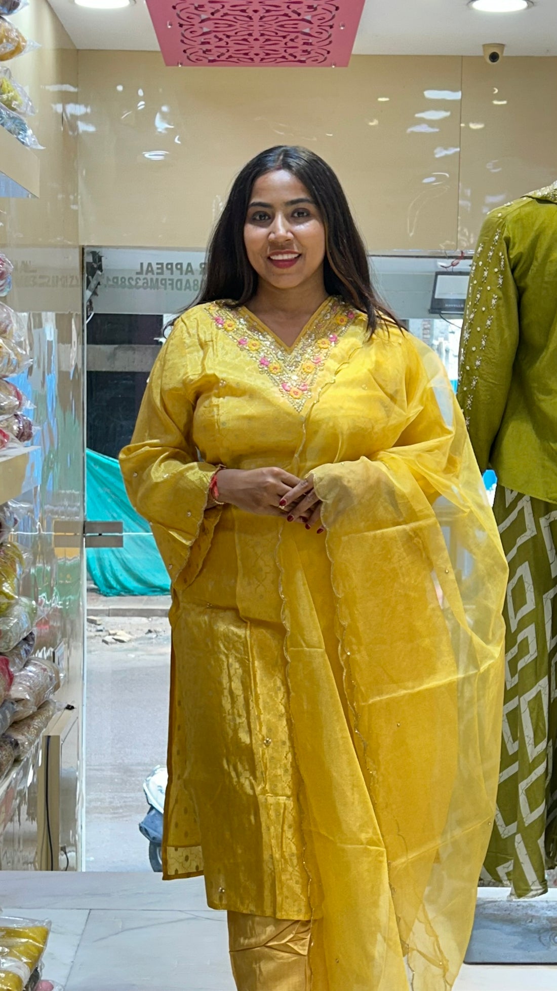 v neck yellow kurti pant set with organza dupatta