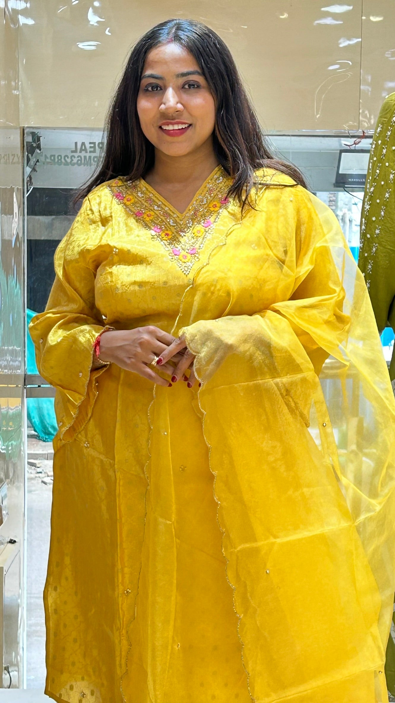 v neck yellow kurti pant set with organza dupatta