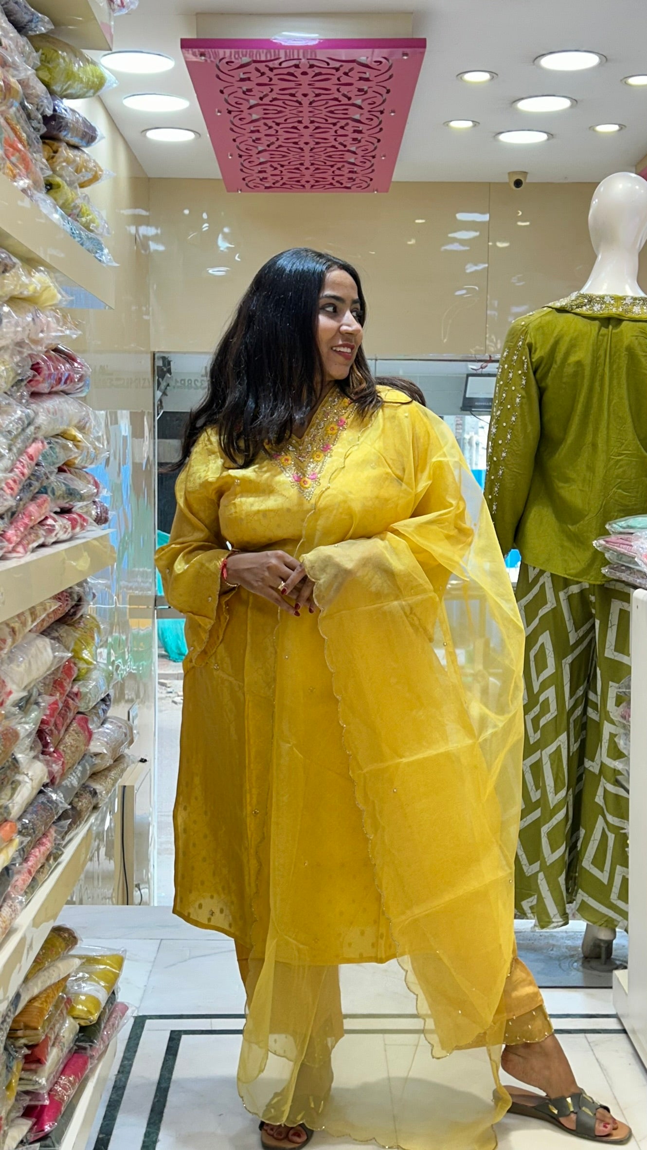 v neck yellow kurti pant set with organza dupatta
