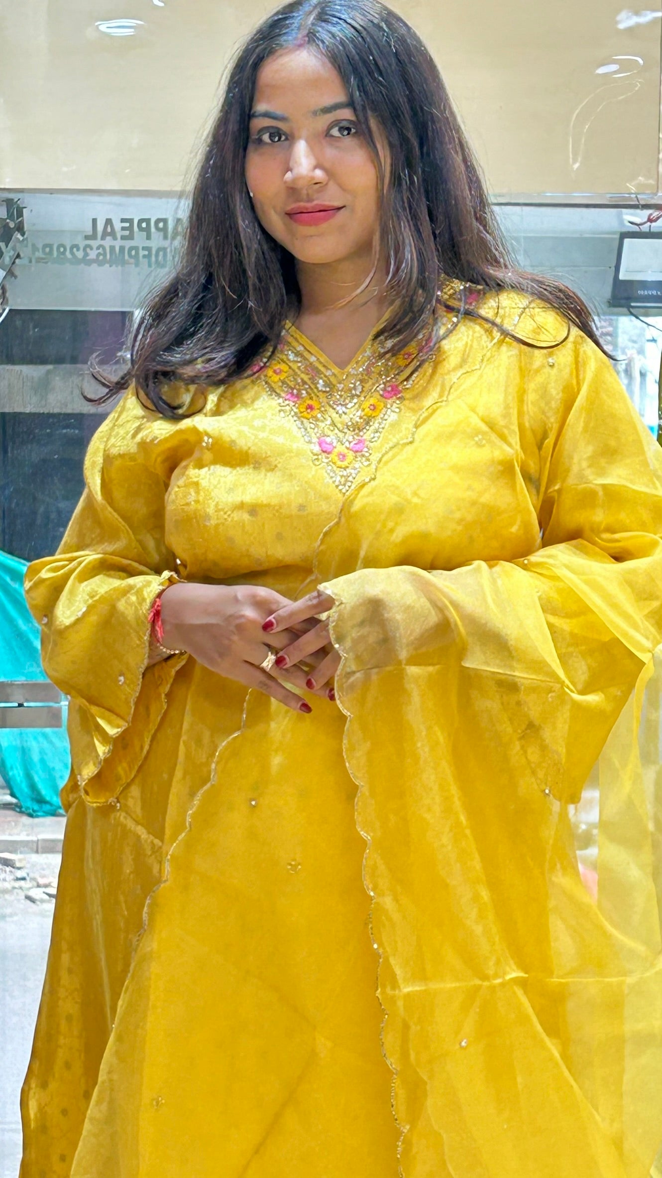 v neck yellow kurti pant set with organza dupatta