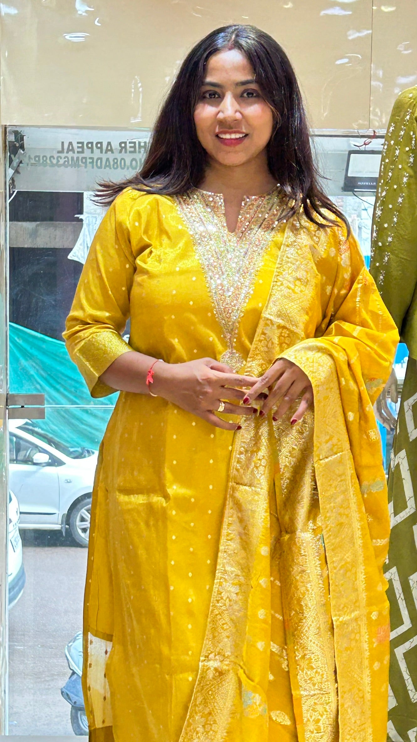 banarasi yellow v neck stylish dupatta kurti pant set