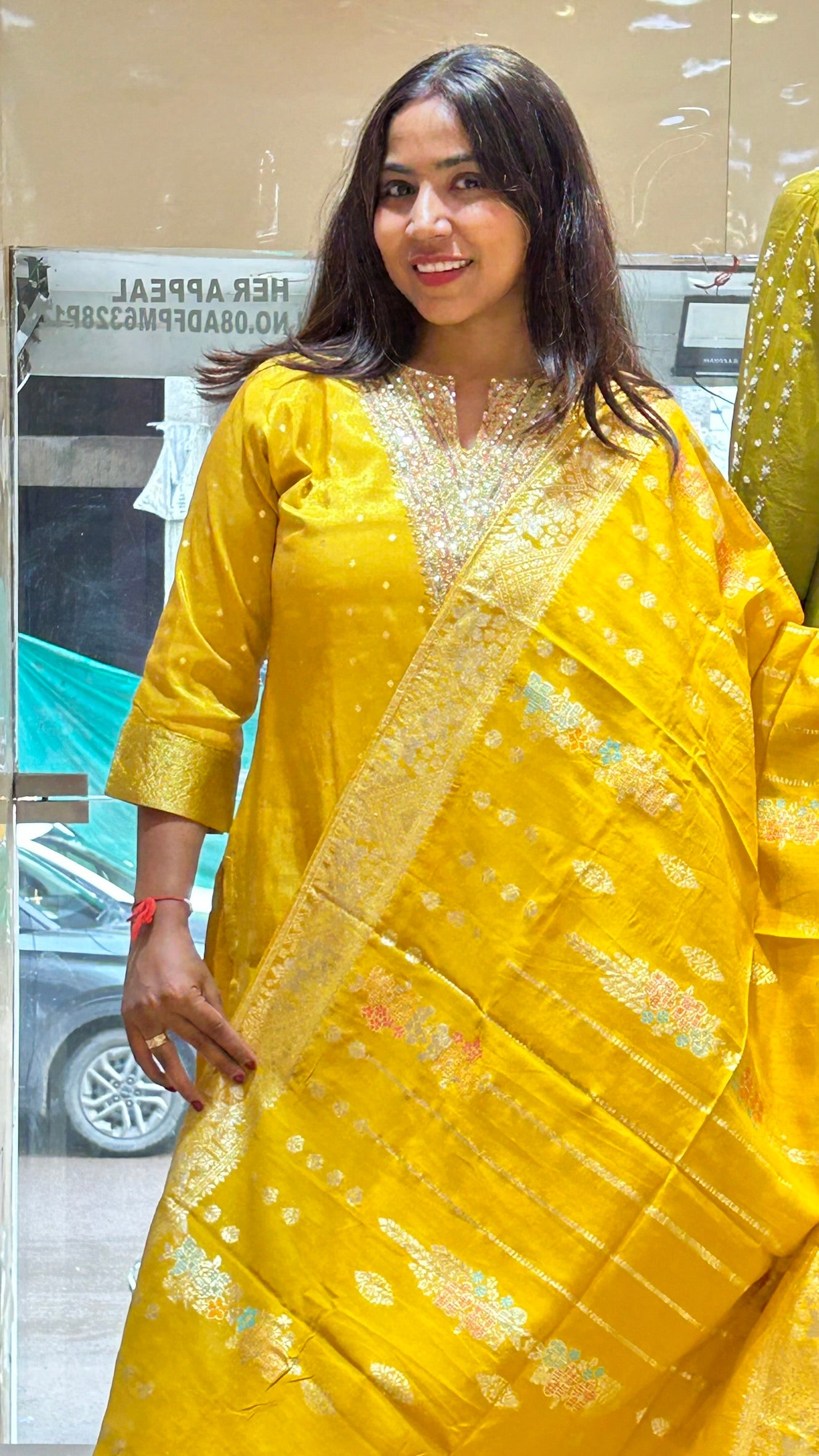 banarasi yellow v neck stylish dupatta kurti pant set