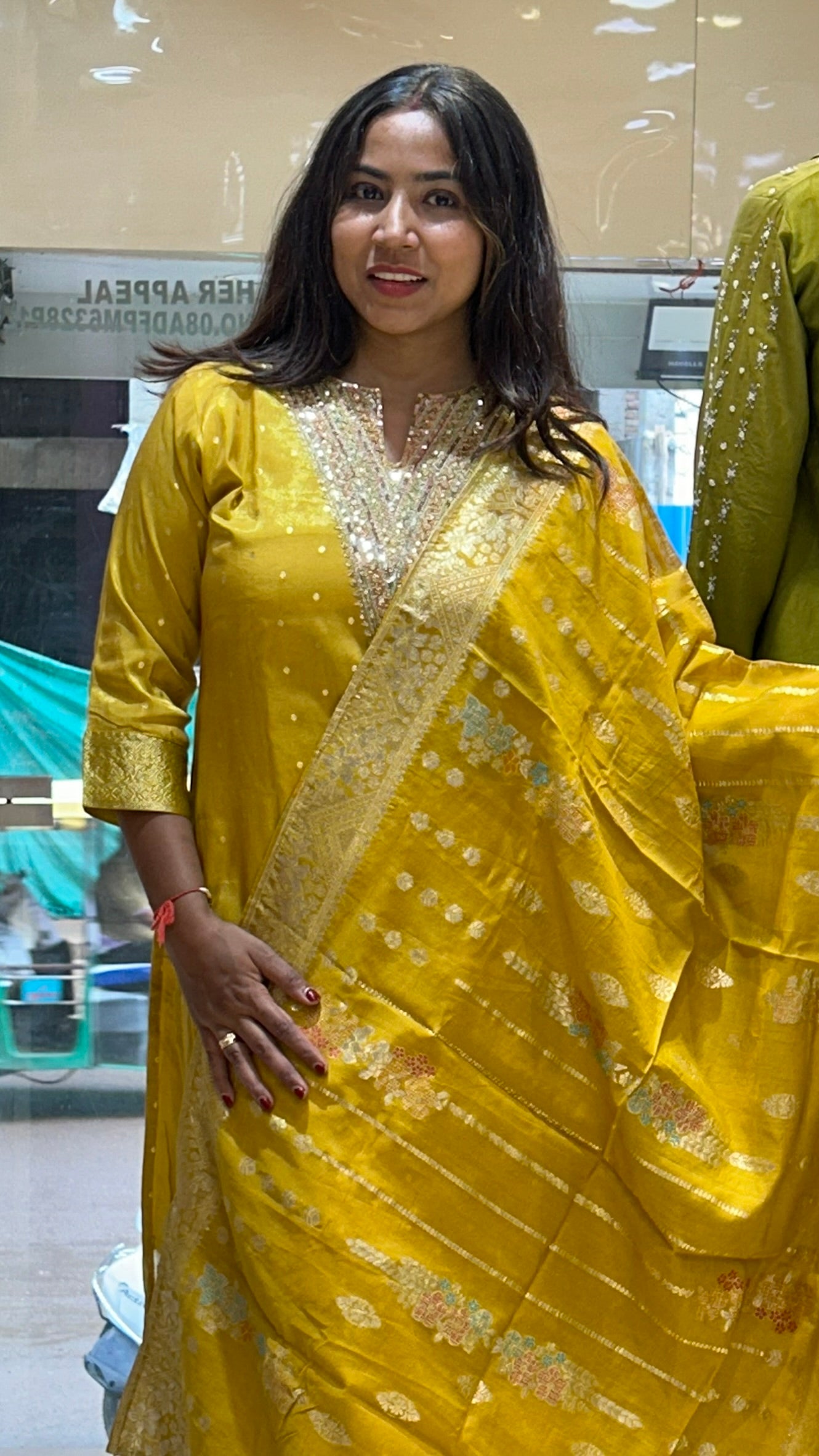 banarasi yellow v neck stylish dupatta kurti pant set