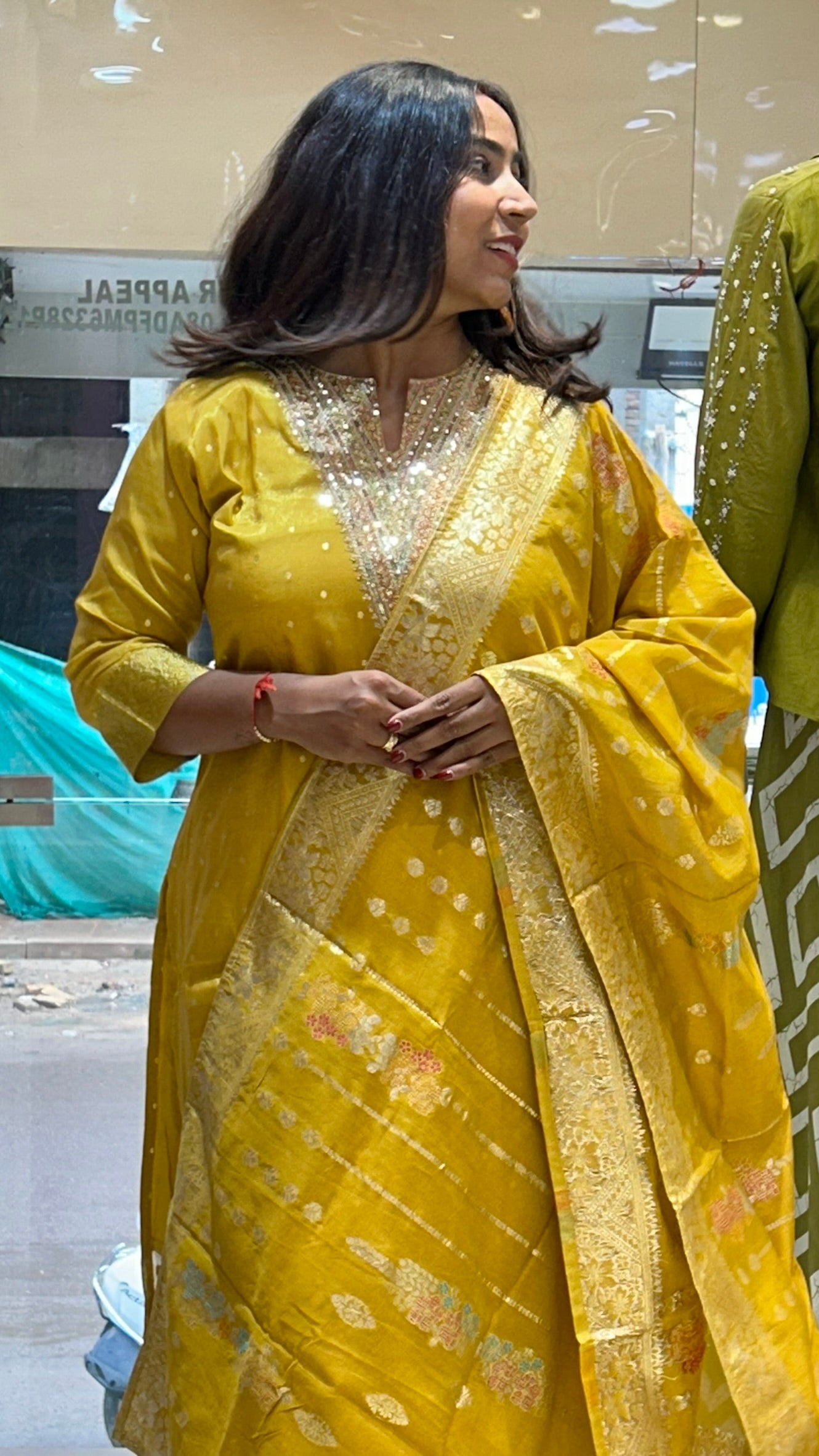 banarasi yellow v neck stylish dupatta kurti pant set