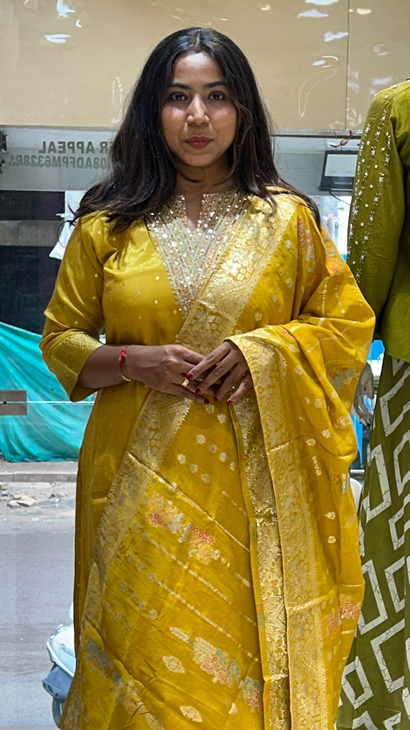 banarasi yellow v neck stylish dupatta kurti pant set