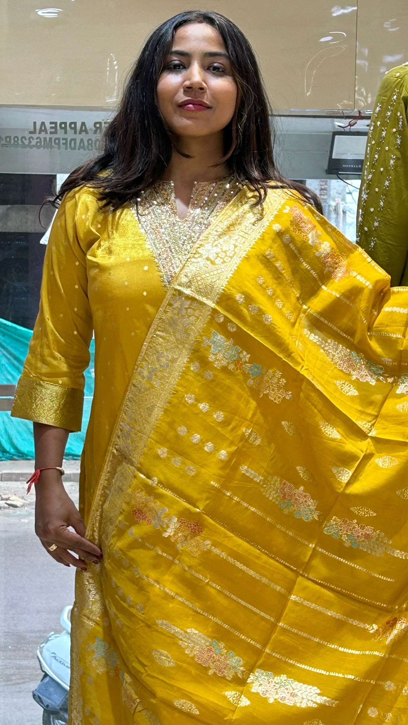 banarasi yellow v neck stylish dupatta kurti pant set