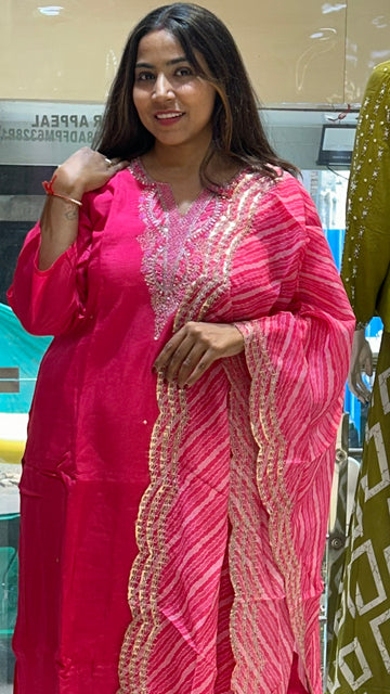 rani pink pure silk organza dupatta kurti pant with settled work on neck