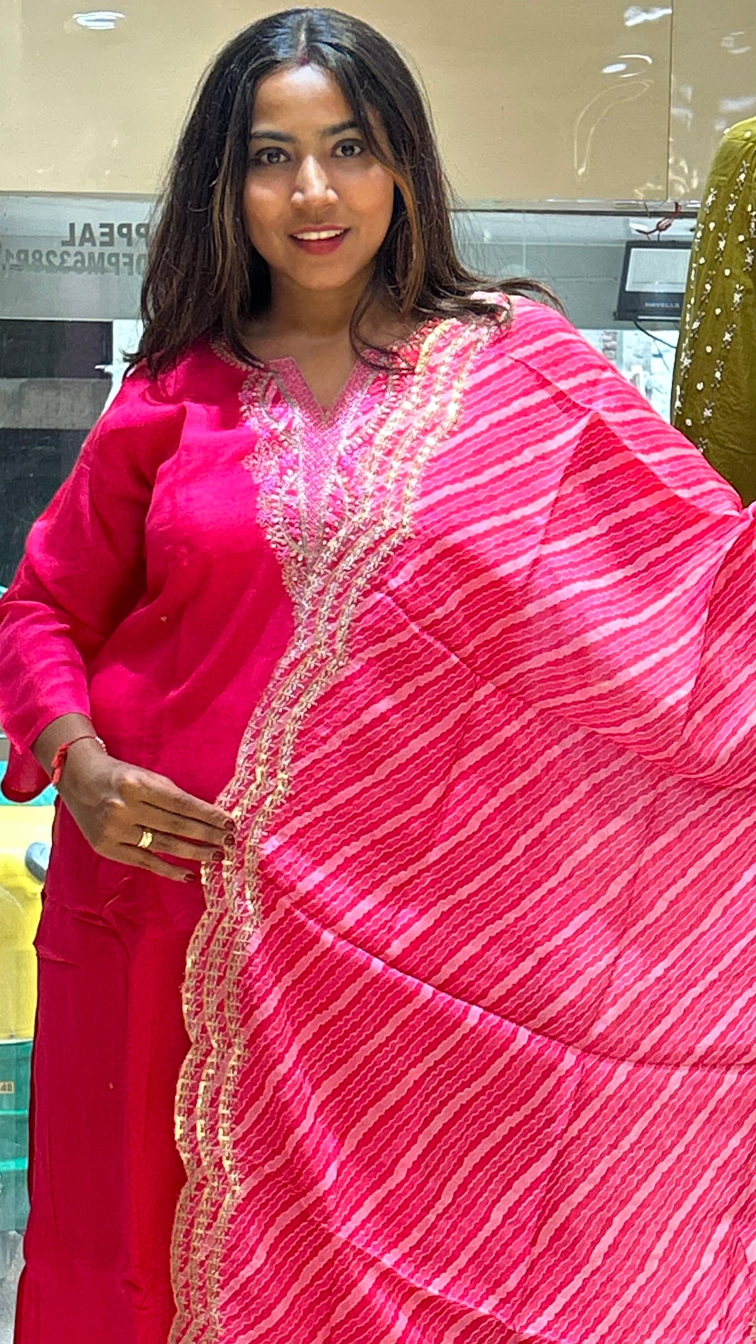 rani pink pure silk organza dupatta kurti pant with settled work on neck