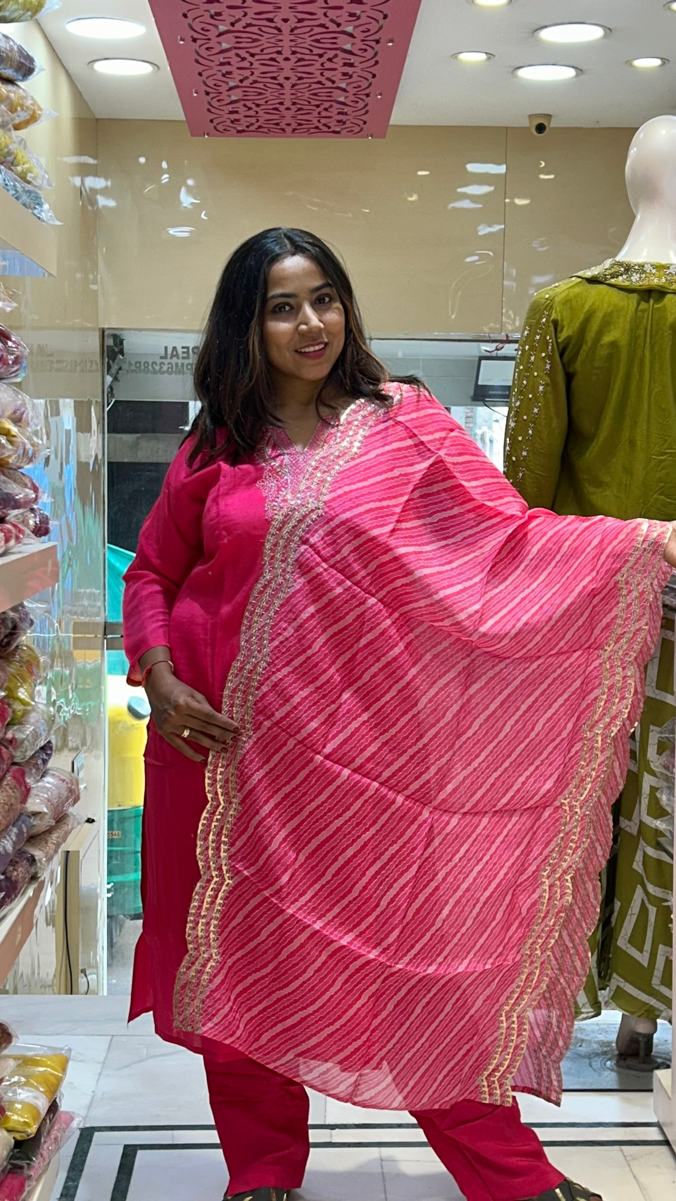 rani pink pure silk organza dupatta kurti pant with settled work on neck