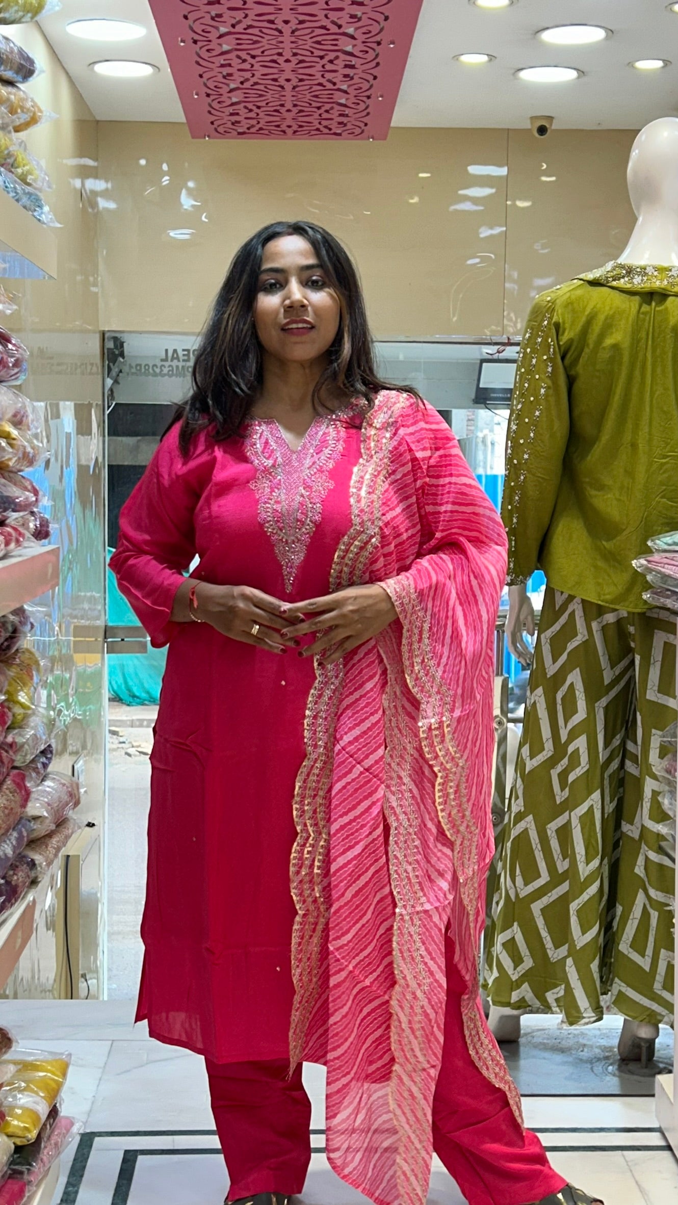 rani pink pure silk organza dupatta kurti pant with settled work on neck