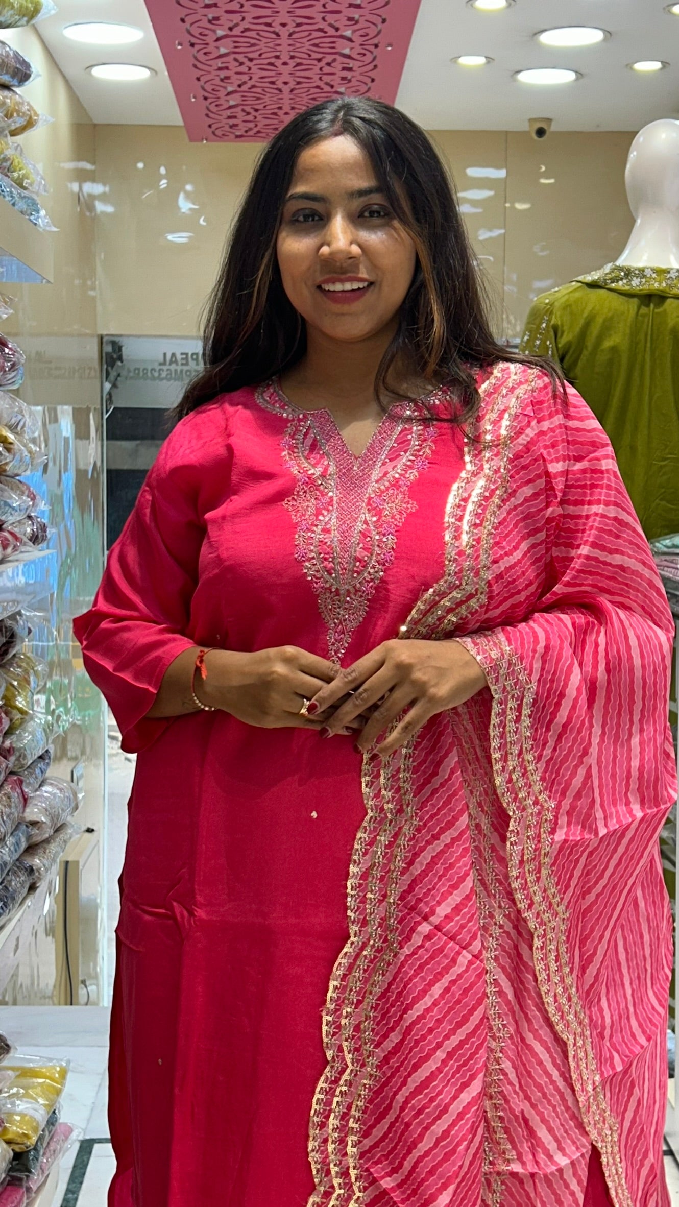 rani pink pure silk organza dupatta kurti pant with settled work on neck