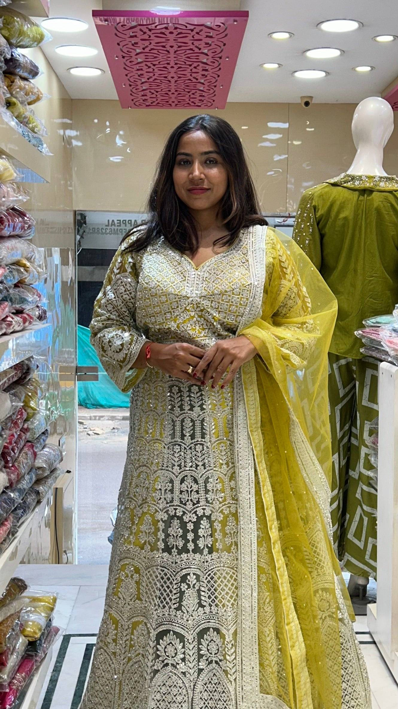 stone zari work long bridal wedding gown